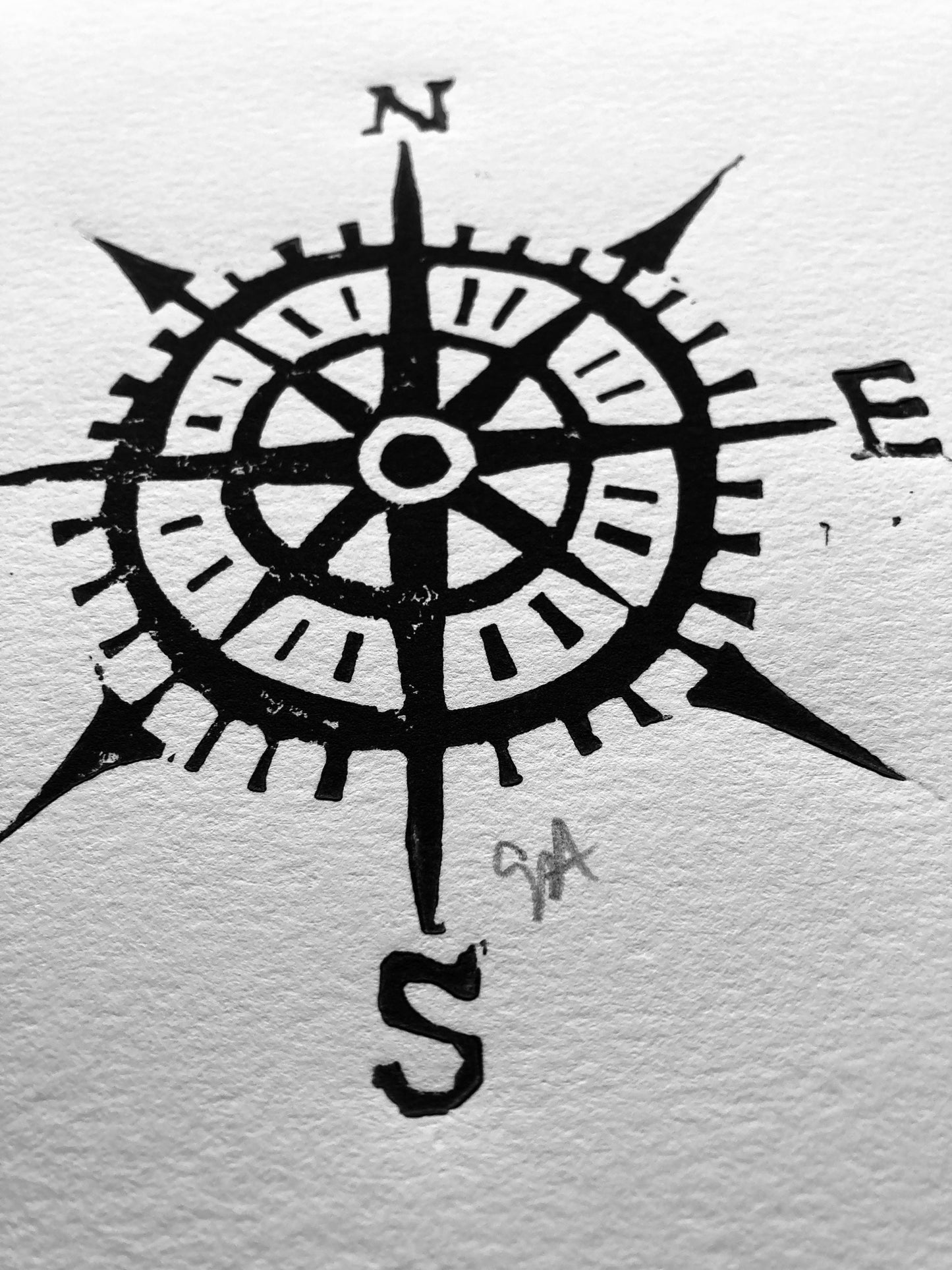 LINOCUT - Compass - Hand-pressed linoleum block print (8x10in)