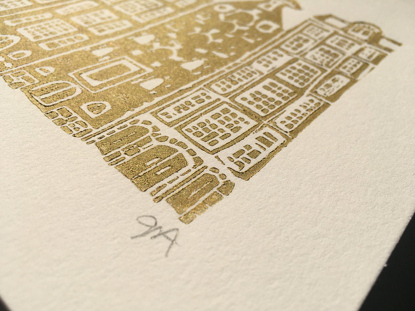 LINOCUT - Amsterdam Canal Houses - Hand-pressed linoleum block print (8x10in)