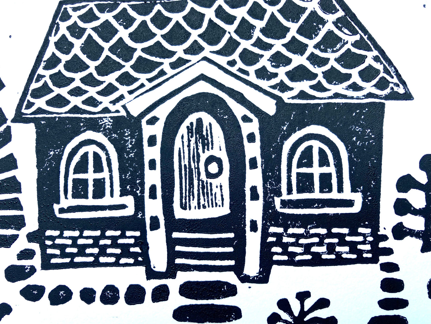 LINOCUT- Scandinavian house - Hand-pressed linoleum block print (8x10in)