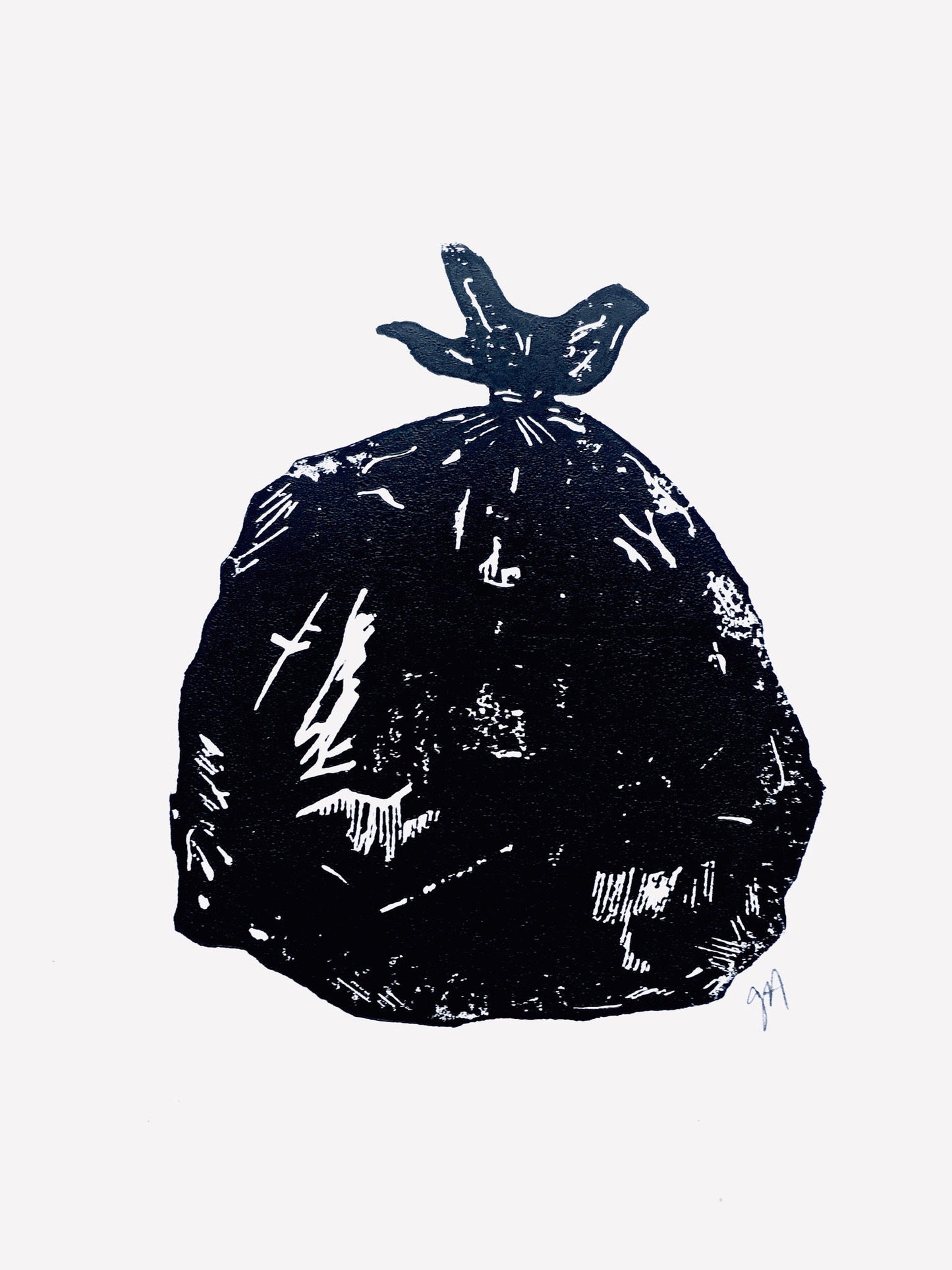 LINOCUT - Bag of trash - Hand-pressed linoleum block print (8x10in)