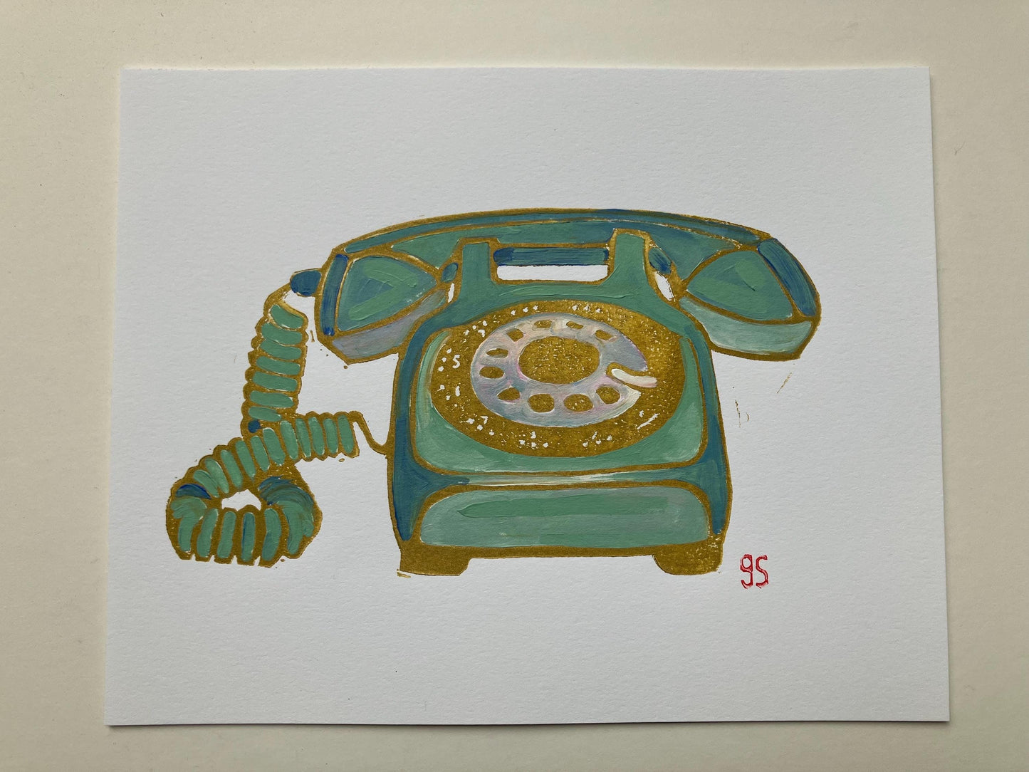 Vintage rotary telephone - Original acrylic linocut painting - (8x10in)