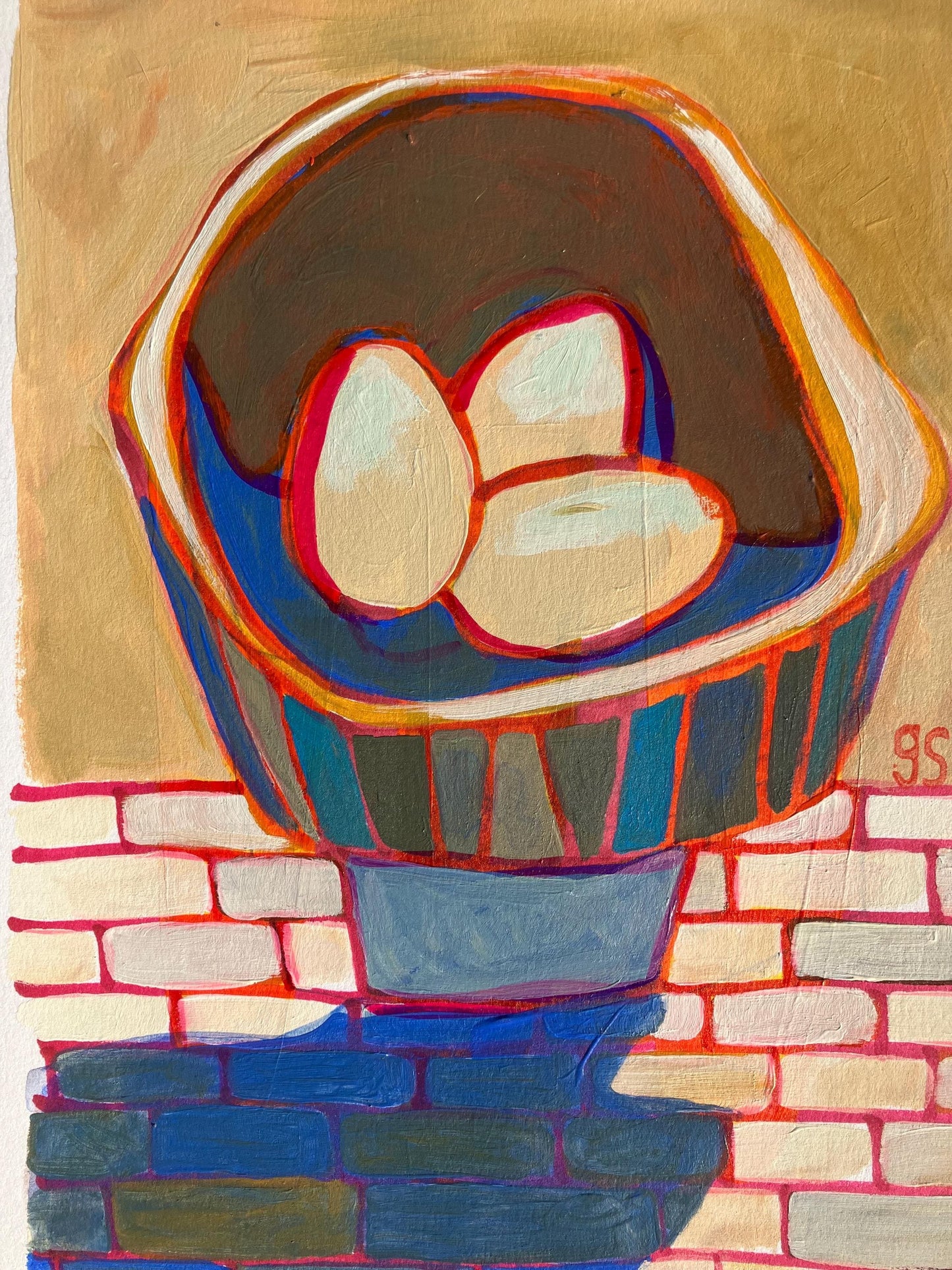 Mid-century bowl of three eggs - Original Acrylic painting (8x10in)