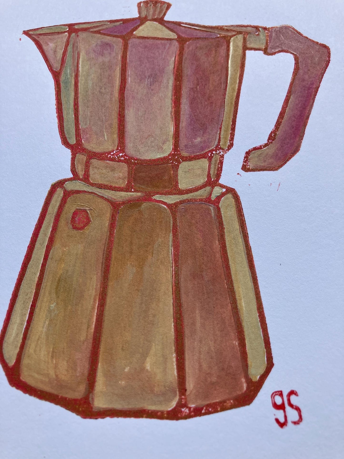 Bialetti #1 - Original acrylic linocut painting in neutral salmon (8x10in)