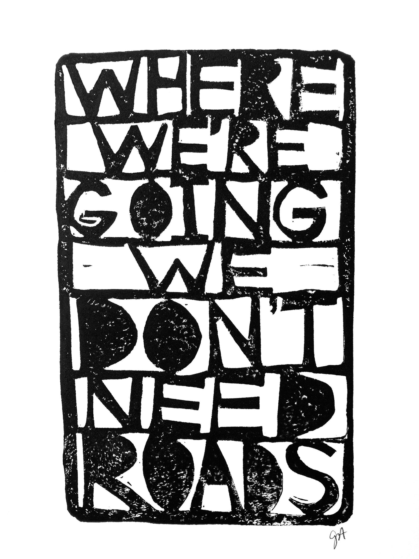 Where we're going we don't need roads - Linocut print (8x10in)