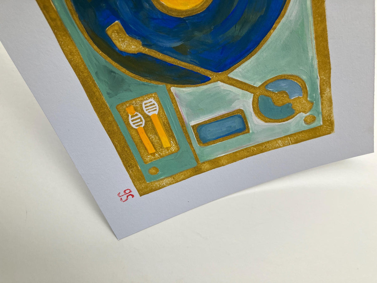 Vintage record player - Original acrylic painting (blue and gold) (8x10in)