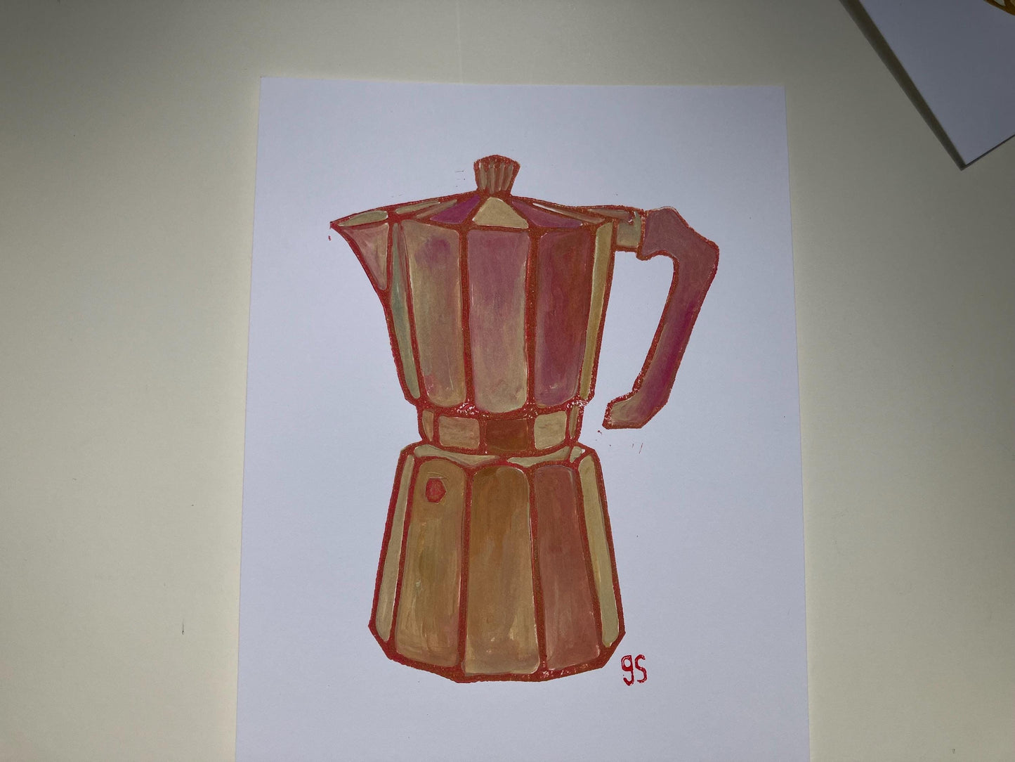 Bialetti #1 - Original acrylic linocut painting in neutral salmon (8x10in)