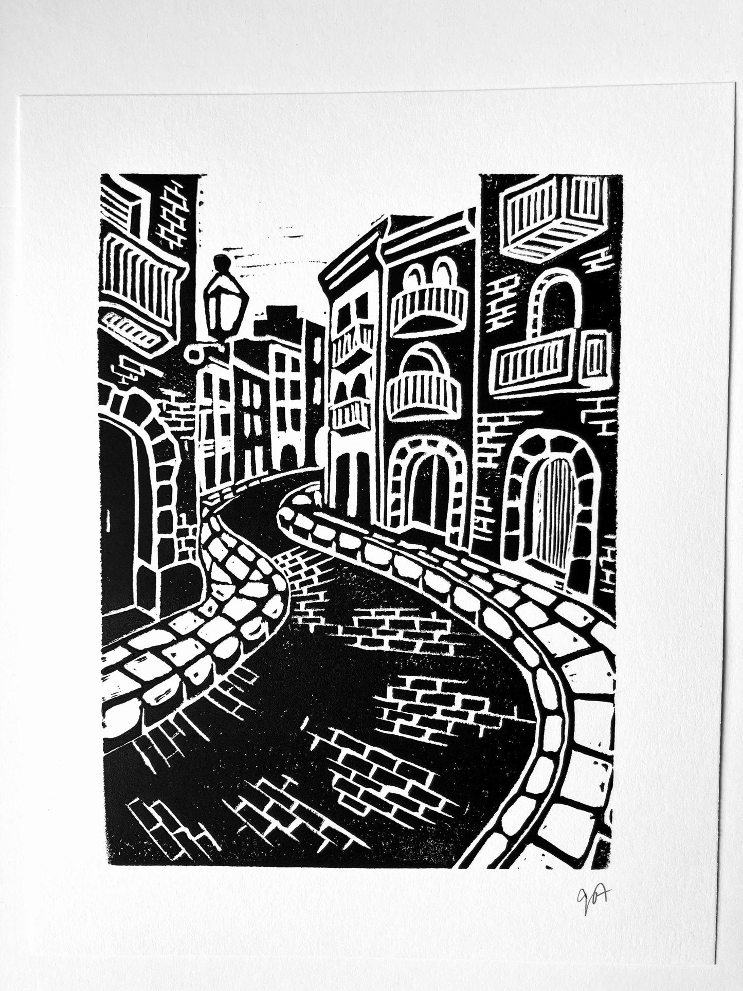 European cobblestone streets - Linocut print (8x10in)