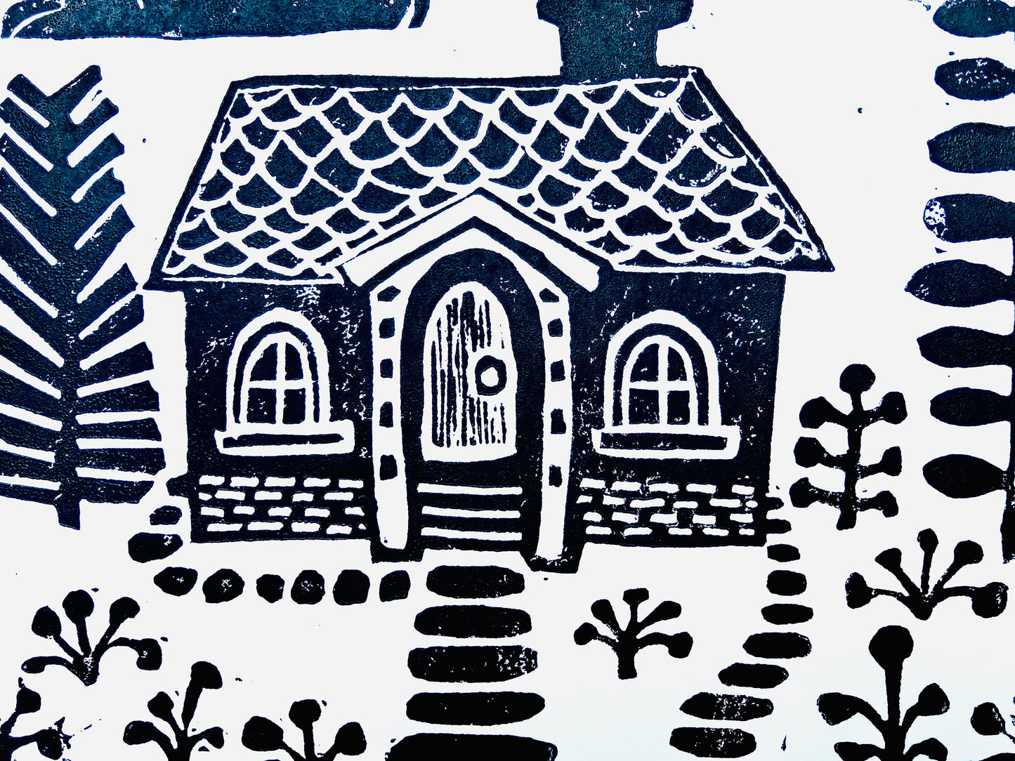 LINOCUT- Scandinavian house - Hand-pressed linoleum block print (8x10in)