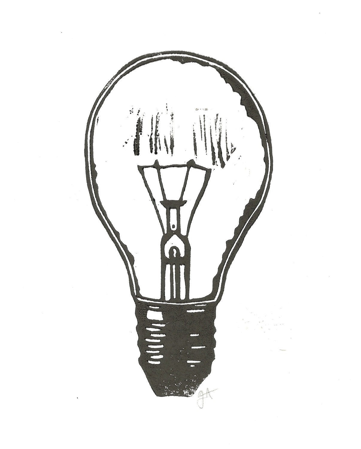 Lightbulb linocut relief print - Linoleum block poster - Hand pulled linoprint - Letterpress 8x10 - Inspirational wall art - printmaking