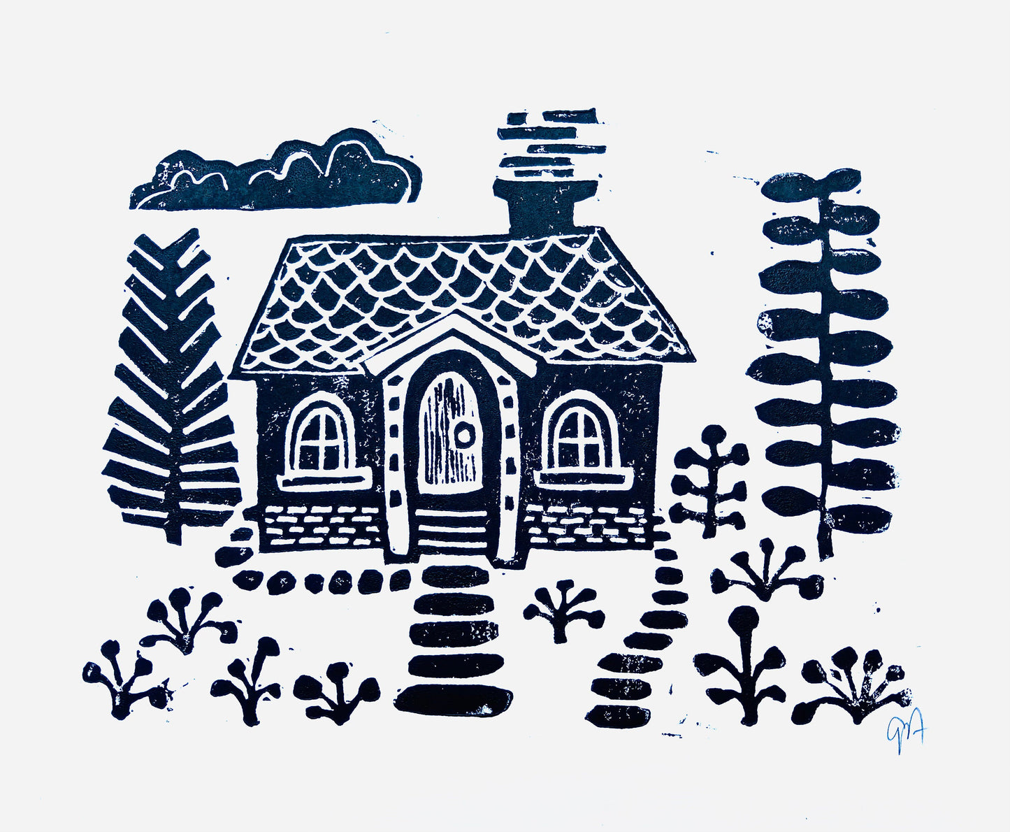 LINOCUT- Scandinavian house - Hand-pressed linoleum block print (8x10in)
