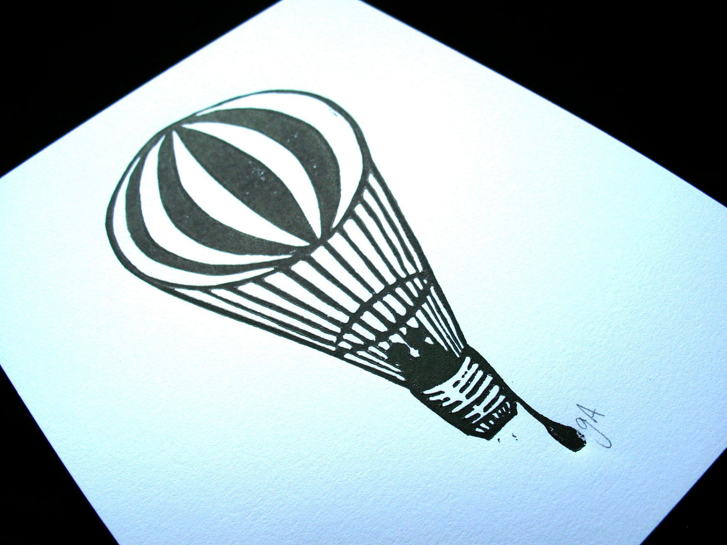 Hot air balloon linocut print - Black 8x10 linoleum print on cotton paper -
