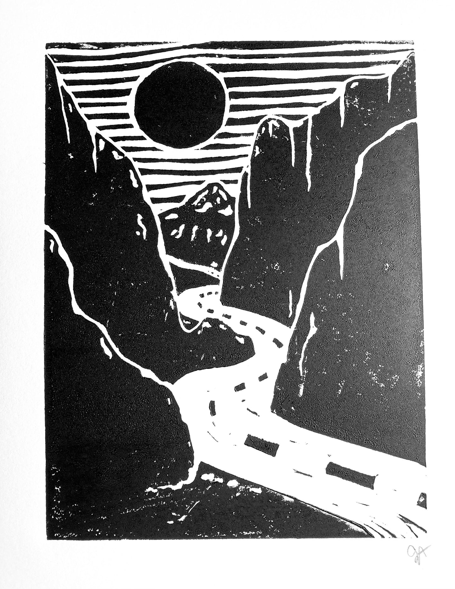 LINOCUT - Road trip through the mountains - Hand-pressed linoleum block print (8x10in)