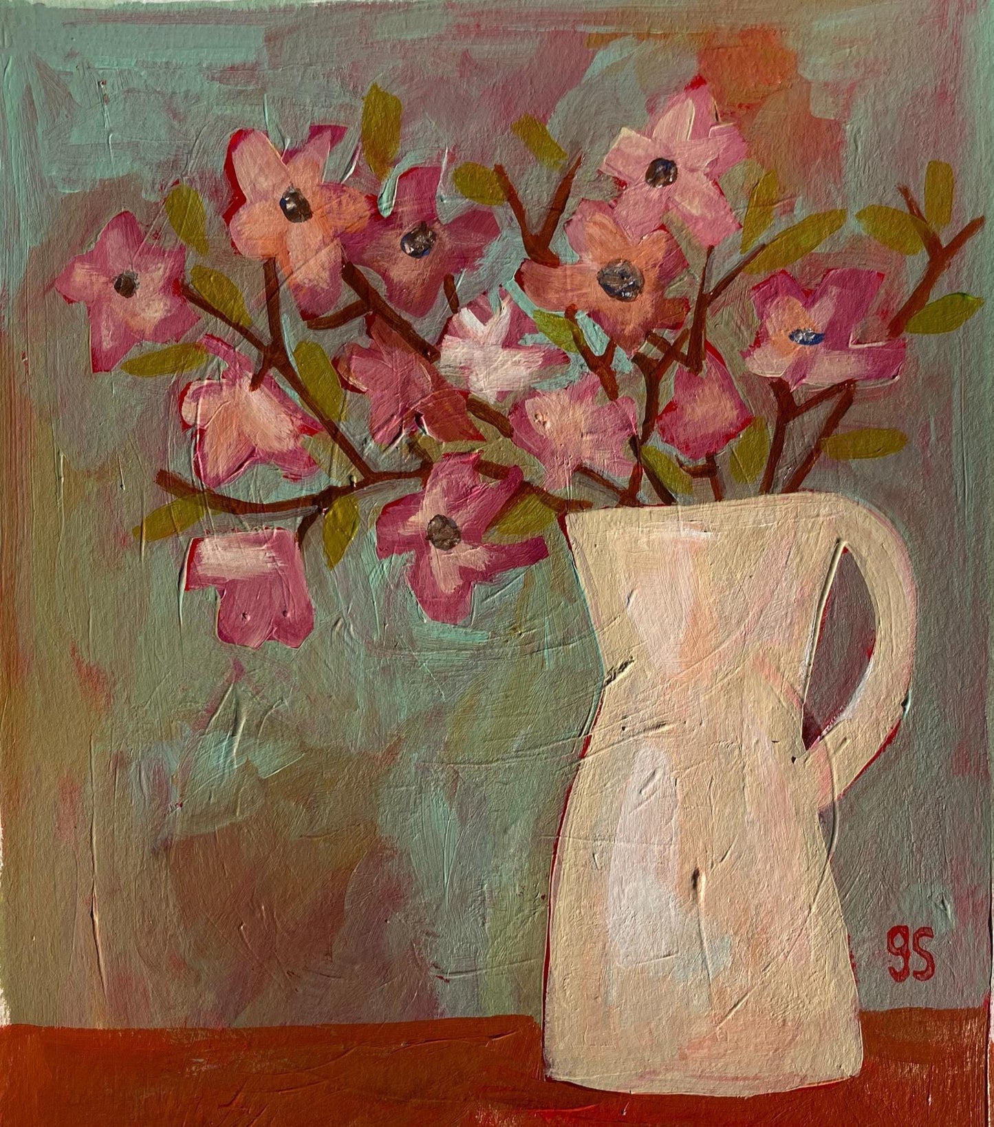 Original acrylic painting - Jar of pink flowers (8x10in)
