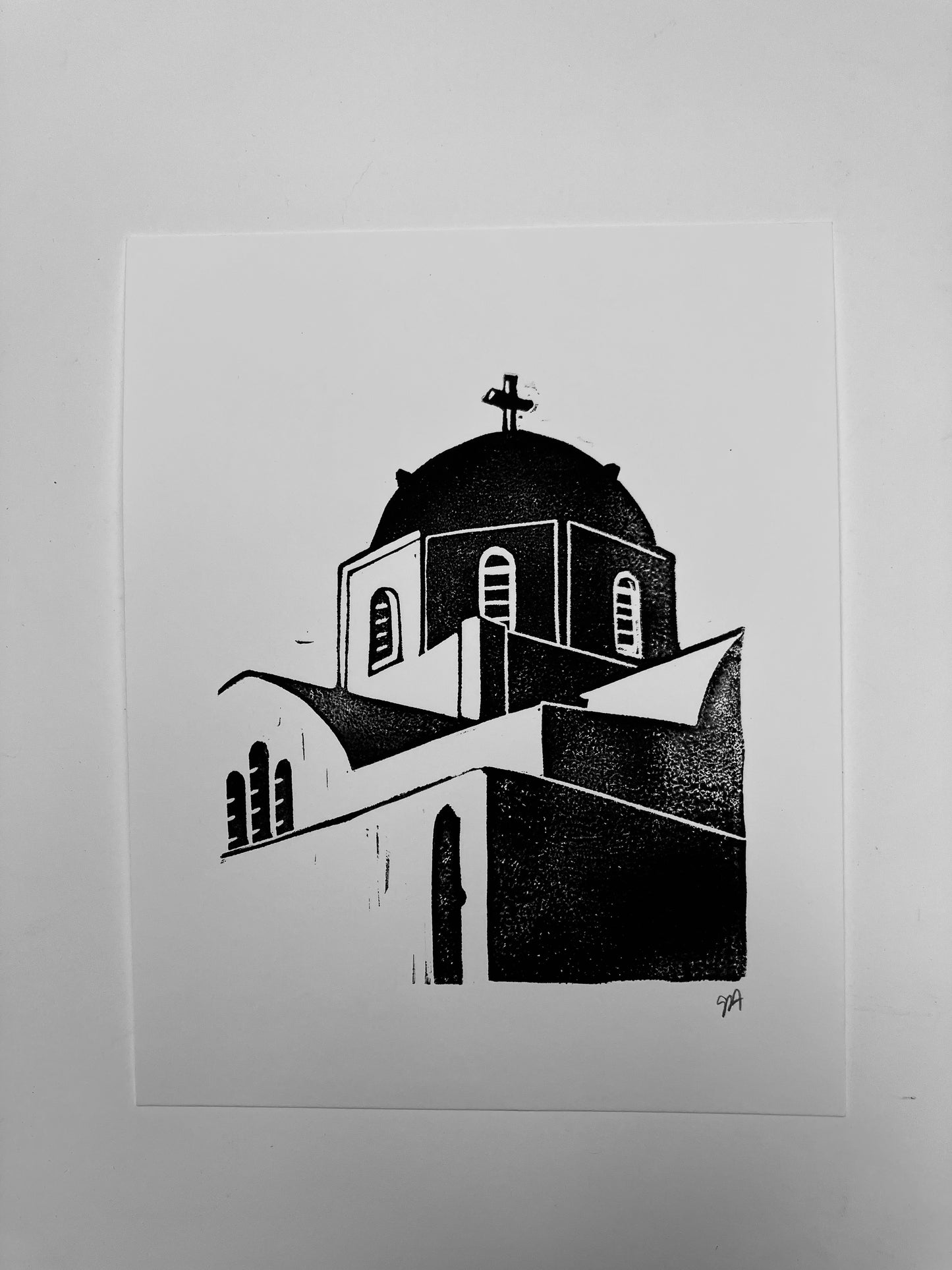 Santorini Greece - Linocut print (8x10in)