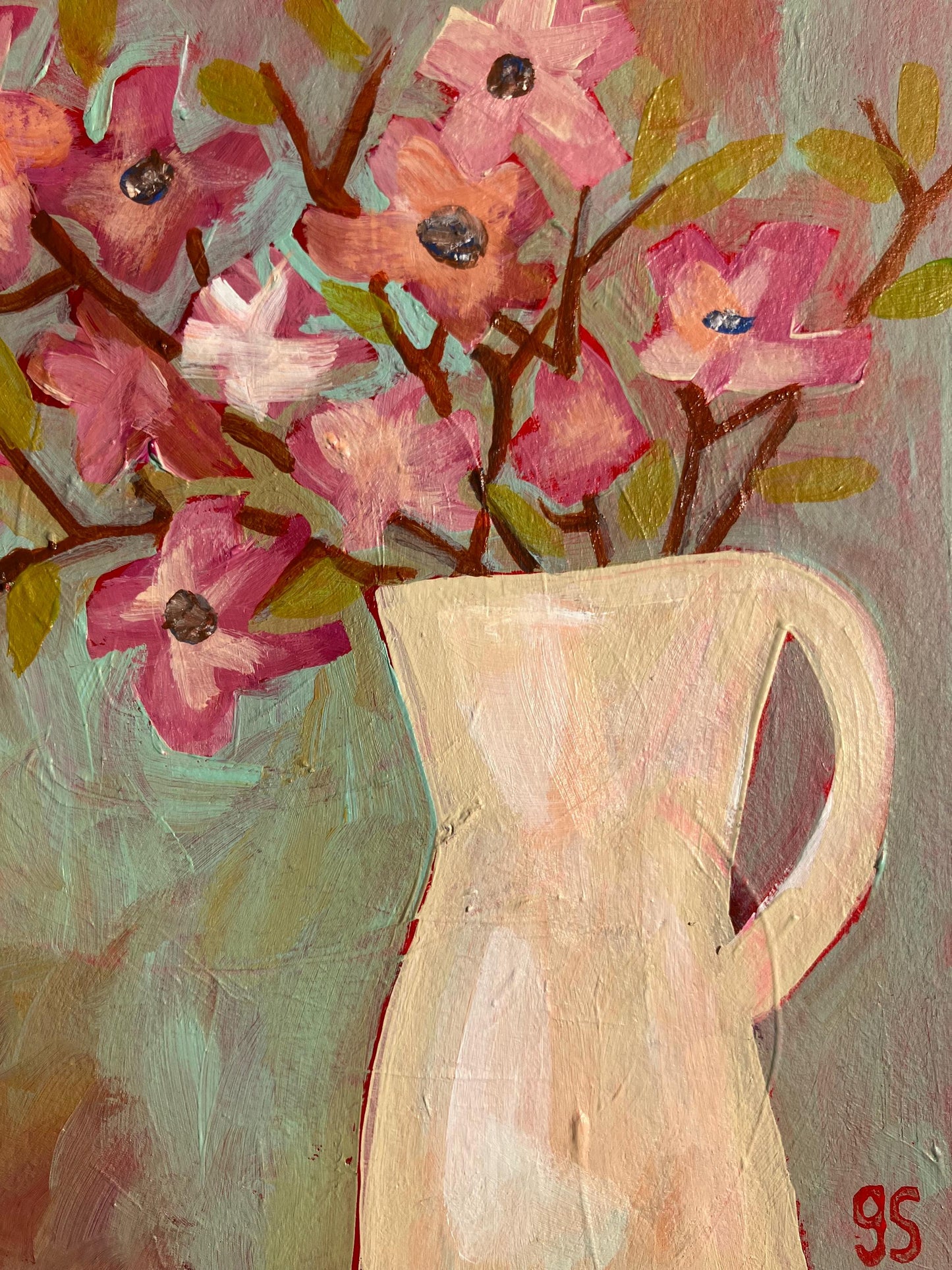 Original acrylic painting - Jar of pink flowers (8x10in)