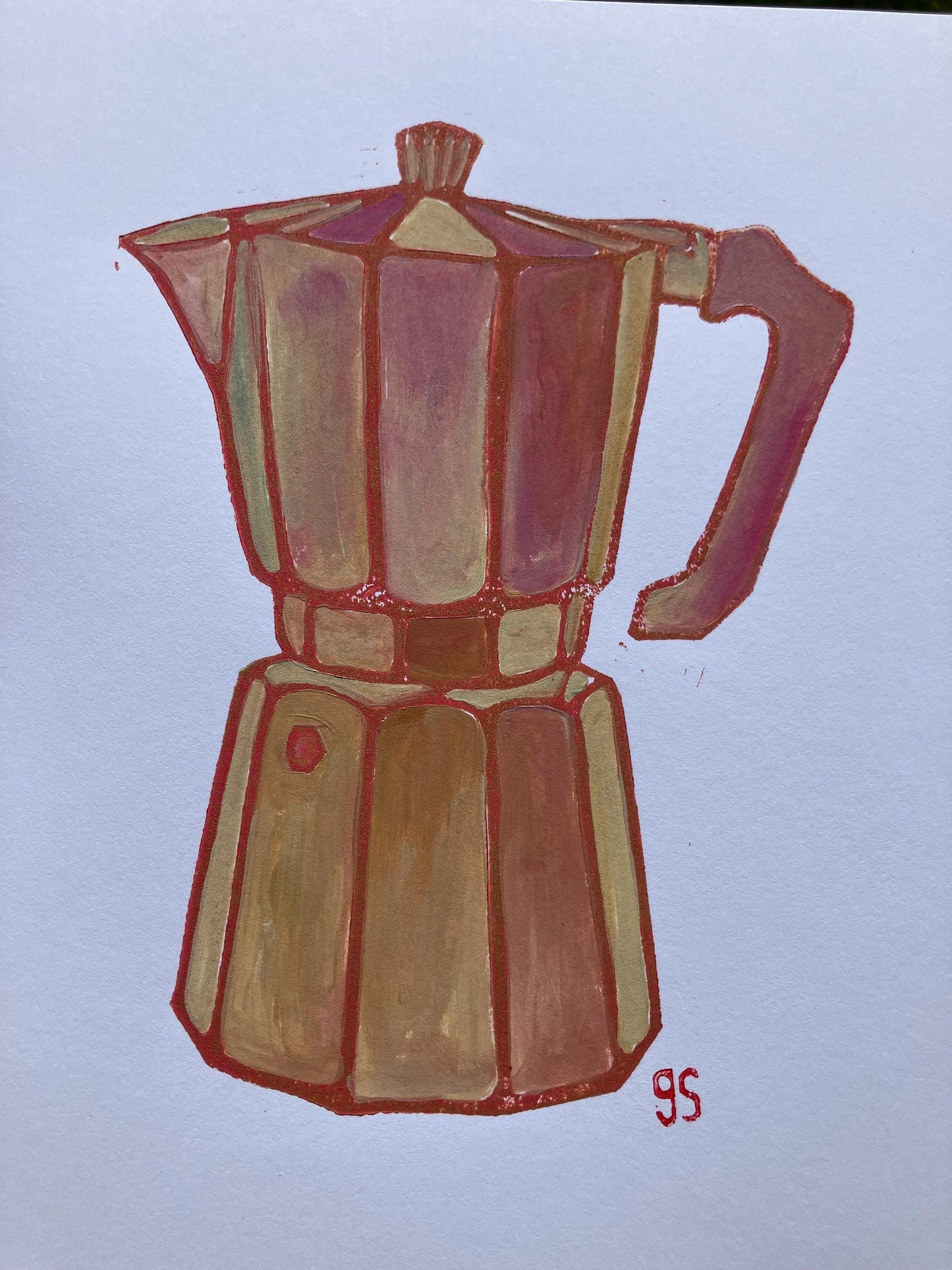 Bialetti #1 - Original acrylic linocut painting in neutral salmon (8x10in)