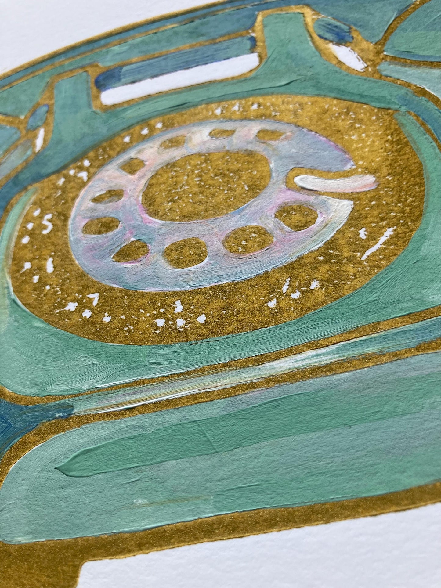 Vintage rotary telephone - Original acrylic linocut painting - (8x10in)