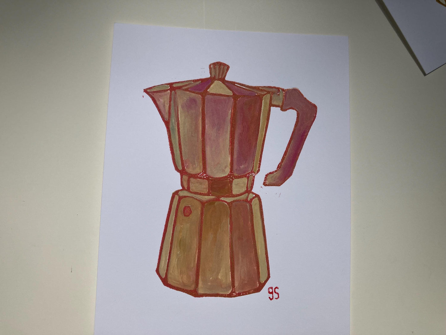 Bialetti #1 - Original acrylic linocut painting in neutral salmon (8x10in)