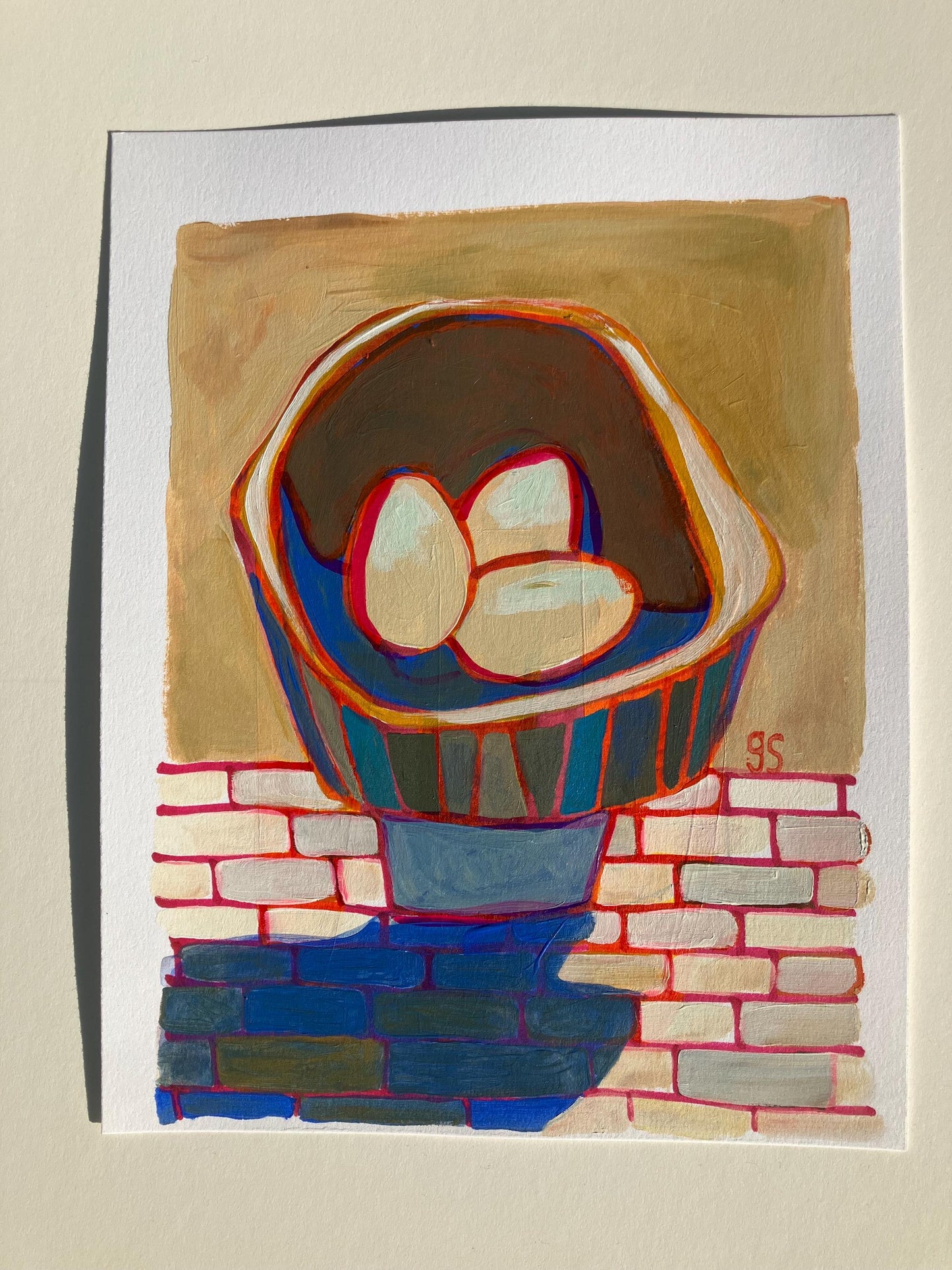 Mid-century bowl of three eggs - Original Acrylic painting (8x10in)