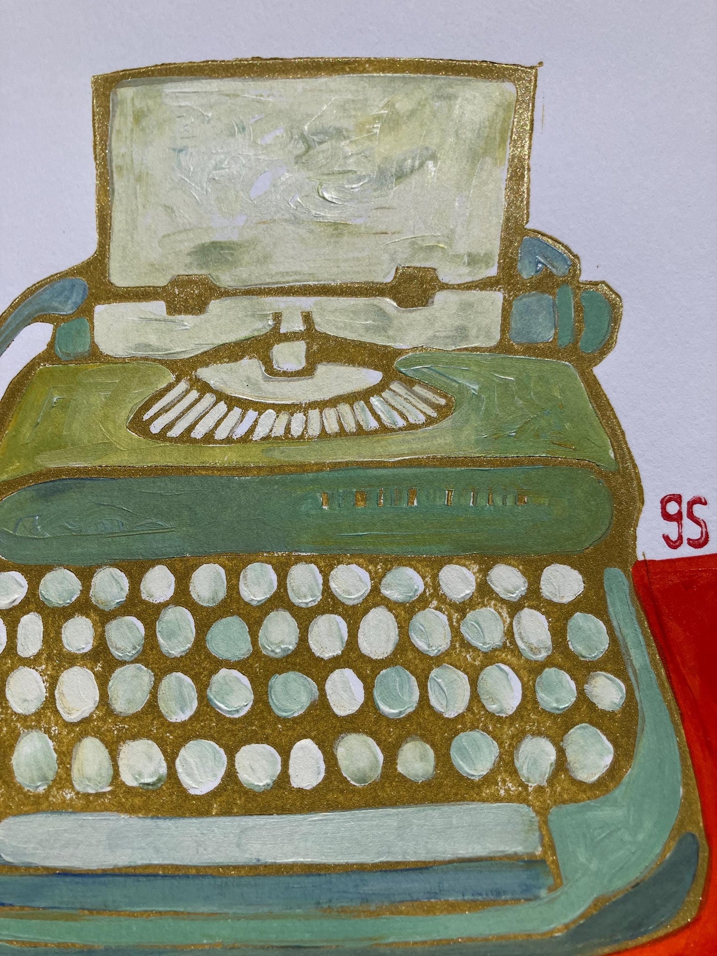 Typewriter #2 - Original acrylic linocut painting - Vintage olive green typewriter (8x10in)