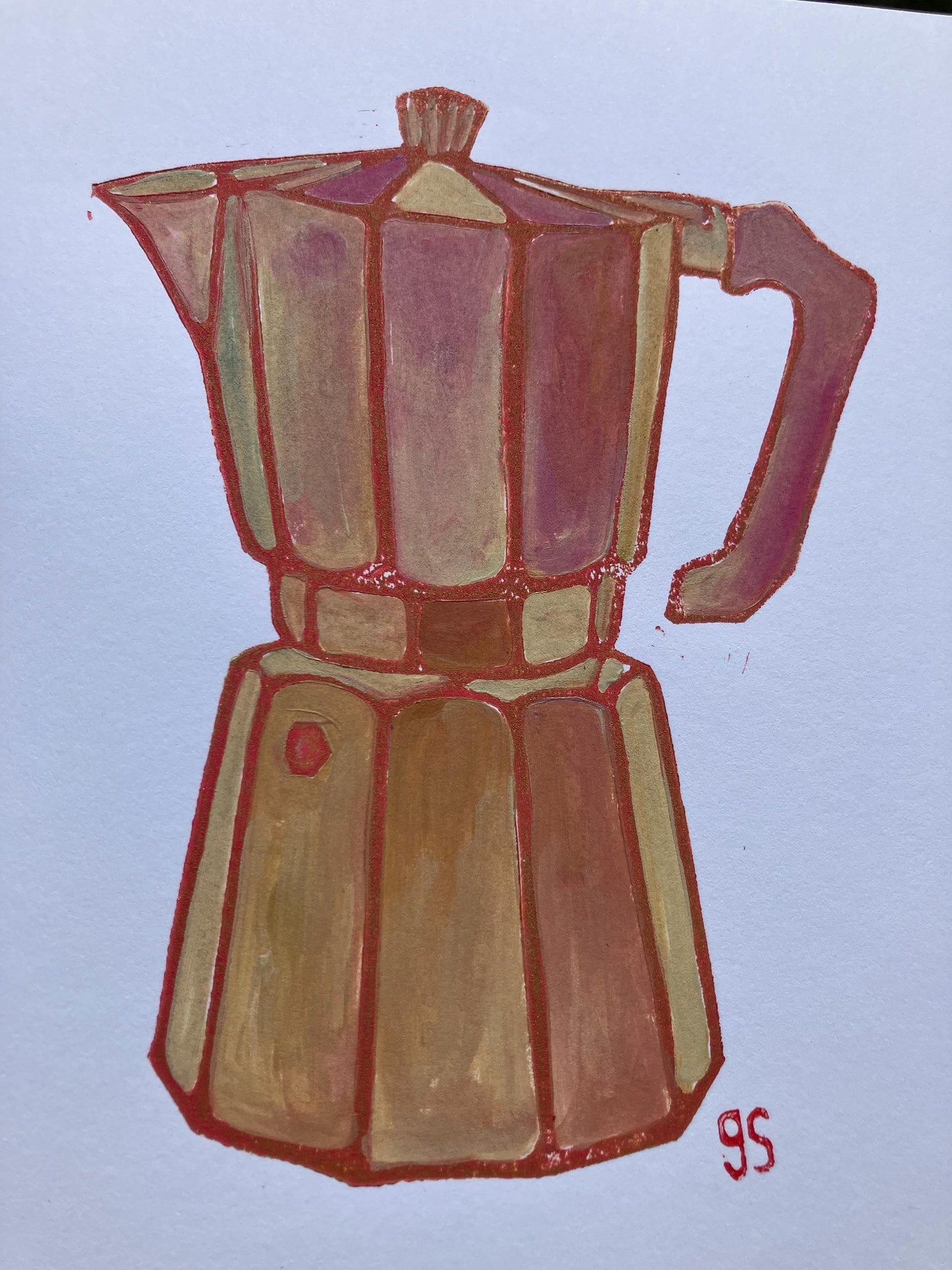 Bialetti #1 - Original acrylic linocut painting in neutral salmon (8x10in)