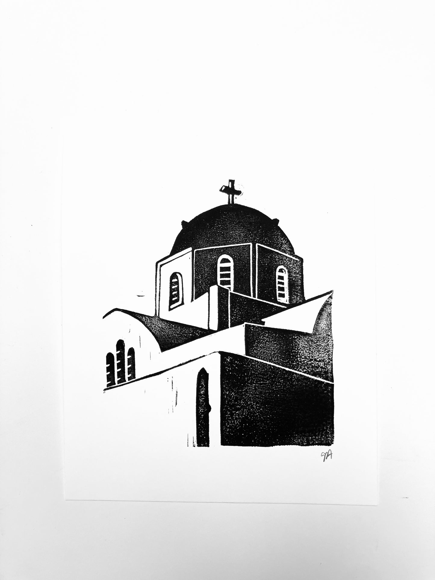 Santorini Greece - Linocut print (8x10in)