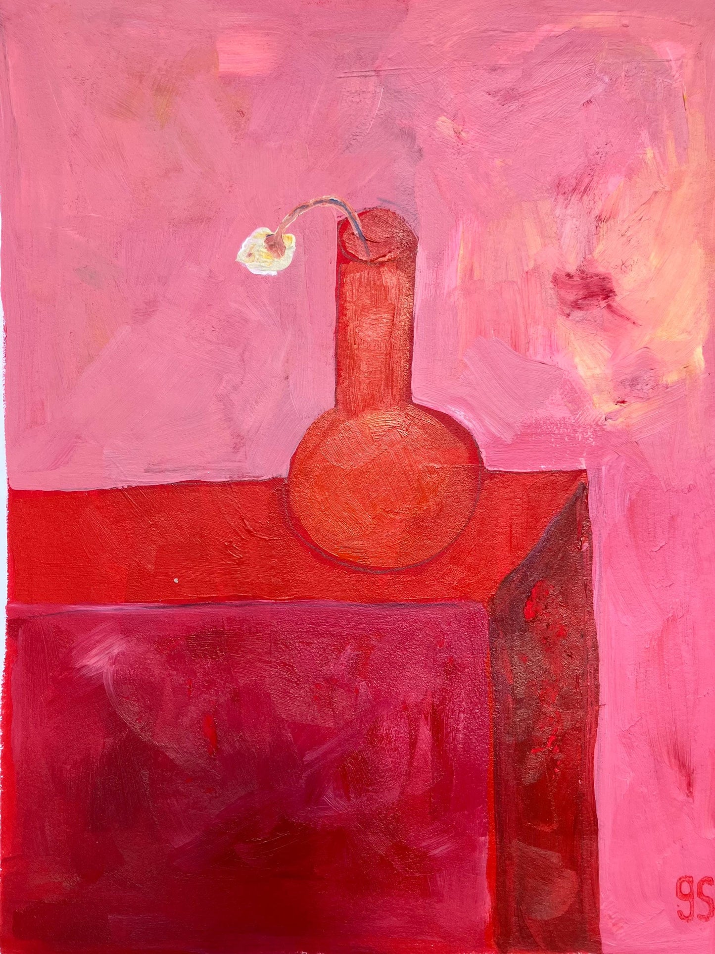 Pink and red still life of a sad little flower - Original acrylic abstract painting (8x10in)