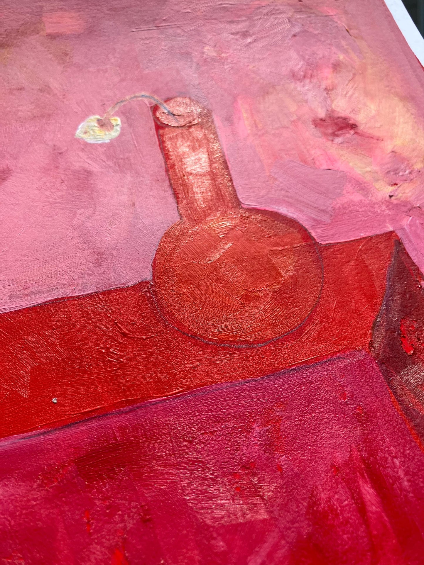 Pink and red still life of a sad little flower - Original acrylic abstract painting (8x10in)