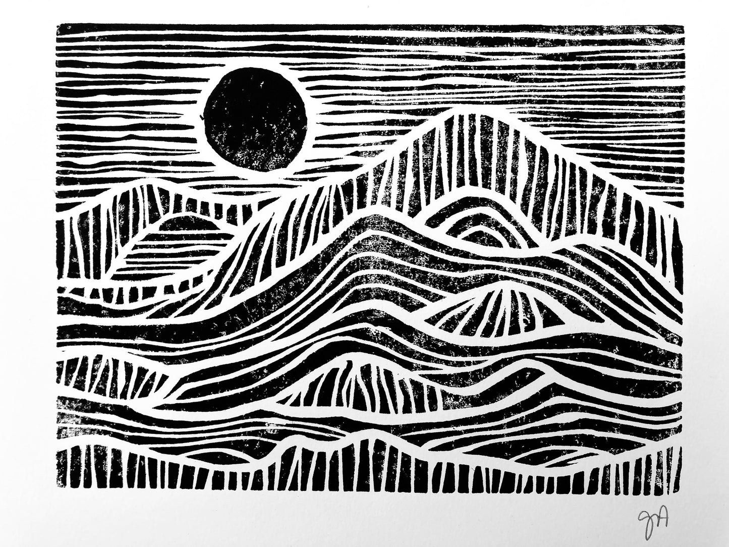 Sunrise on the mountains - Linocut print (8x10in)