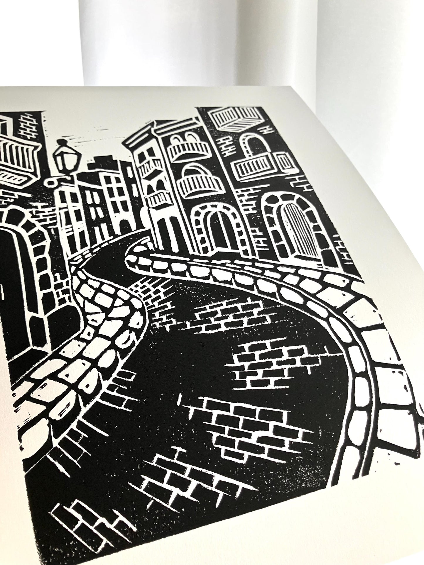 European cobblestone streets - Linocut print (8x10in)