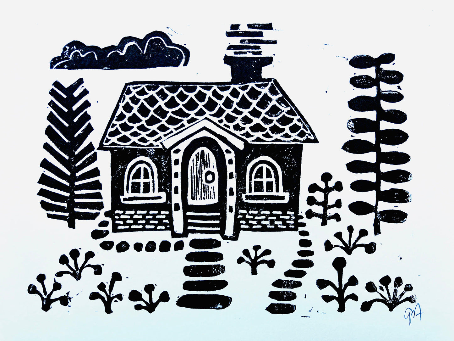 LINOCUT- Scandinavian house - Hand-pressed linoleum block print (8x10in)
