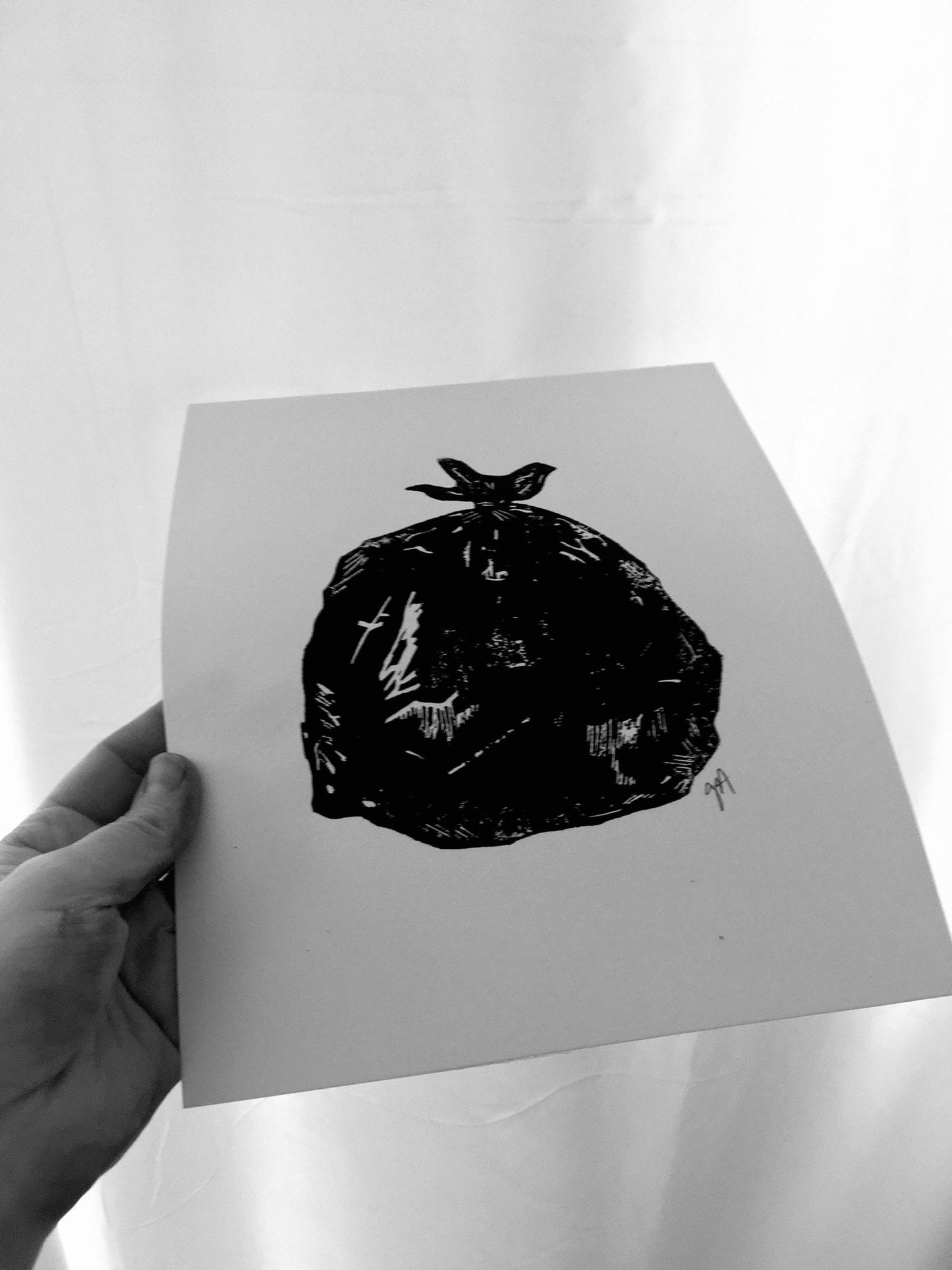 LINOCUT - Bag of trash - Hand-pressed linoleum block print (8x10in)