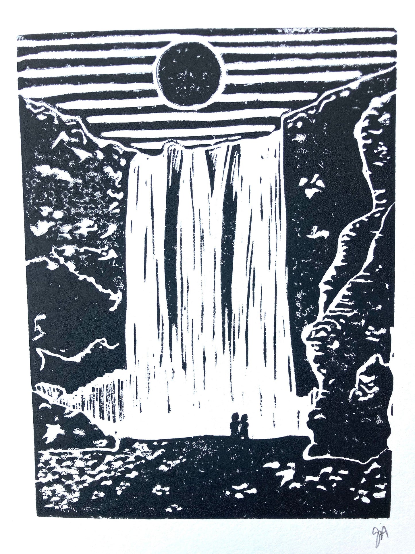 Skógafoss Waterfall, Iceland - Linocut print (8x10in)