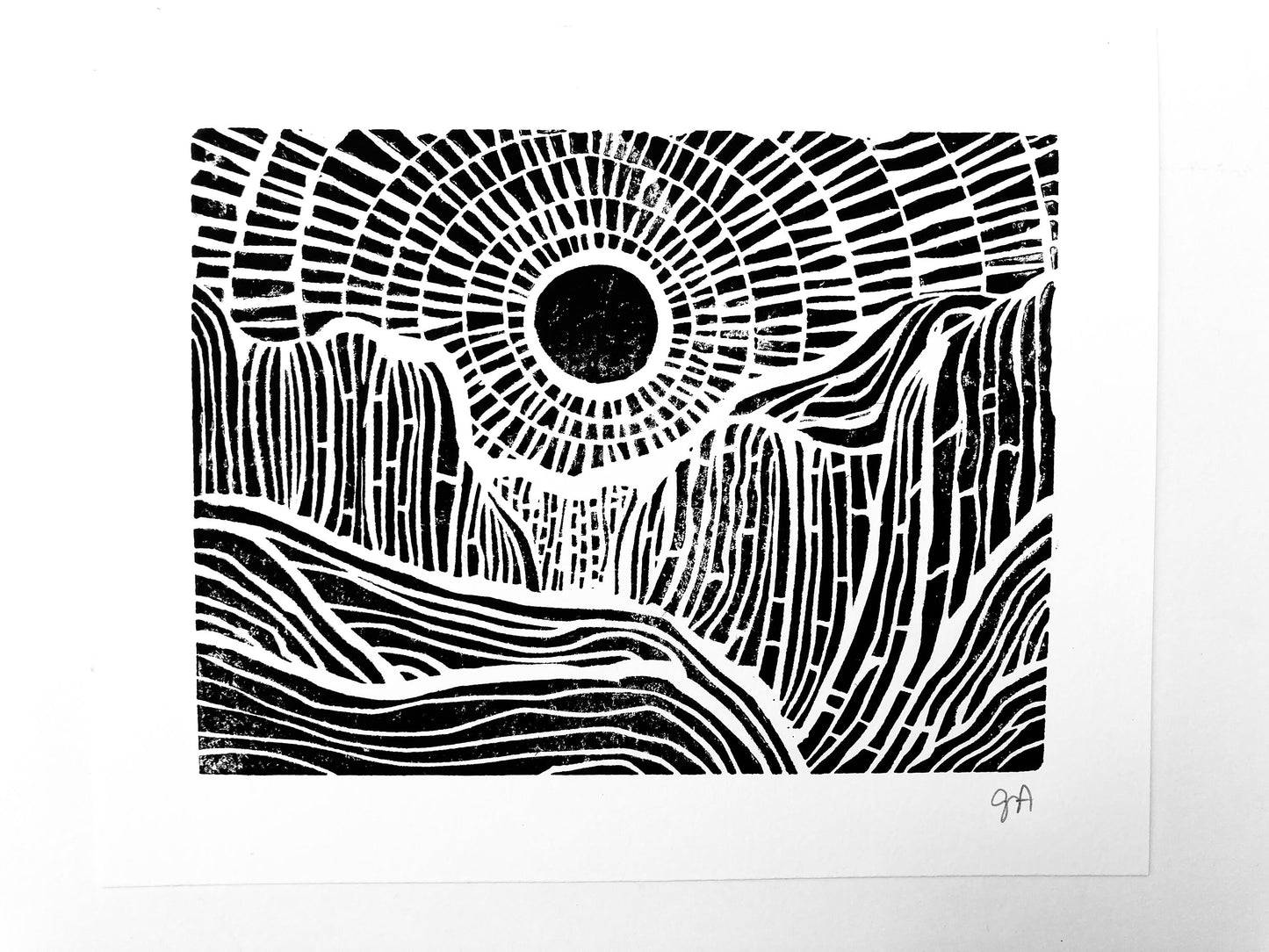 Sunset on the mountains - Linocut print (8x10in)