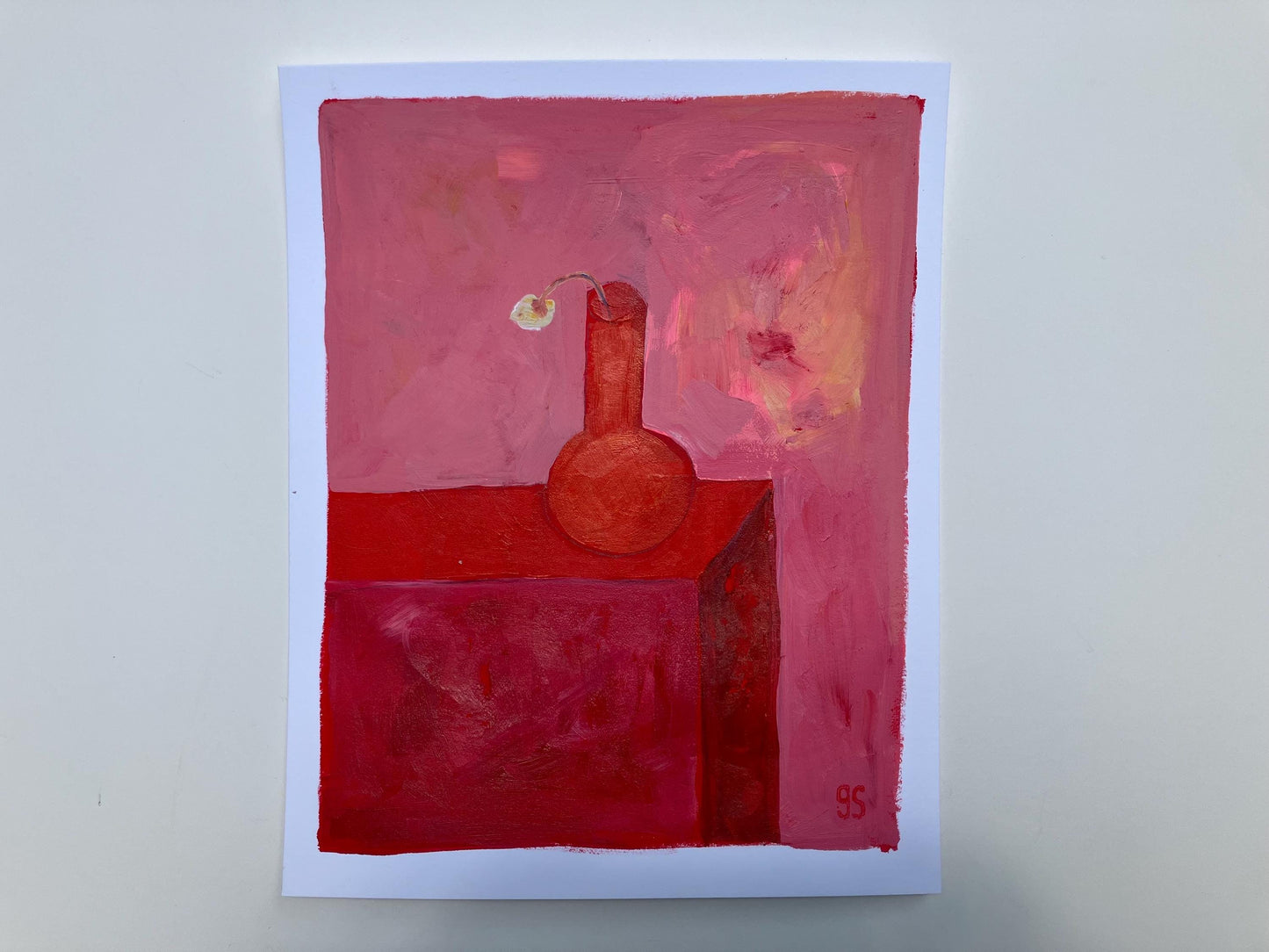 Pink and red still life of a sad little flower - Original acrylic abstract painting (8x10in)
