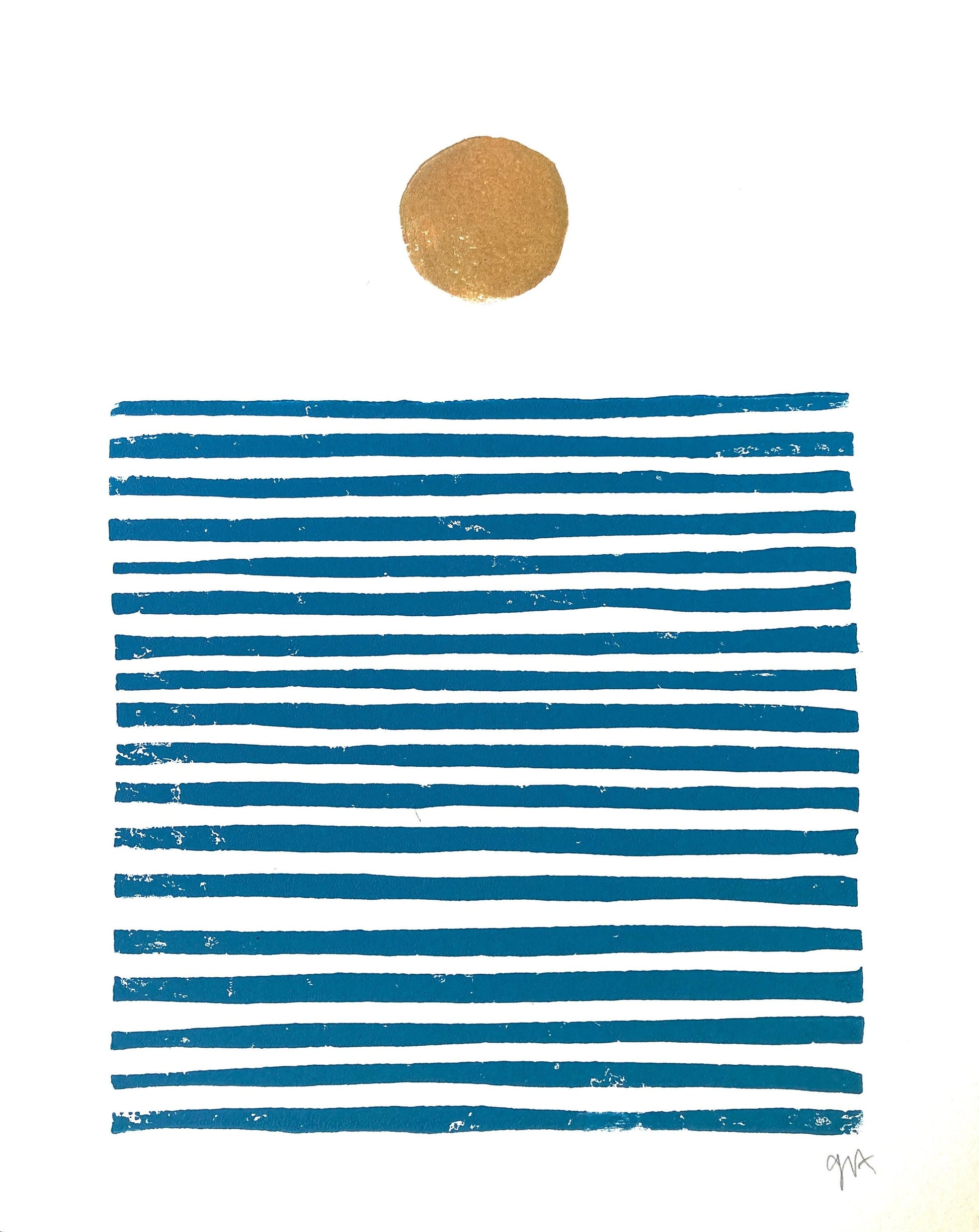 Abstract art piece with blue horizontal stripes and a gold circle on a white background