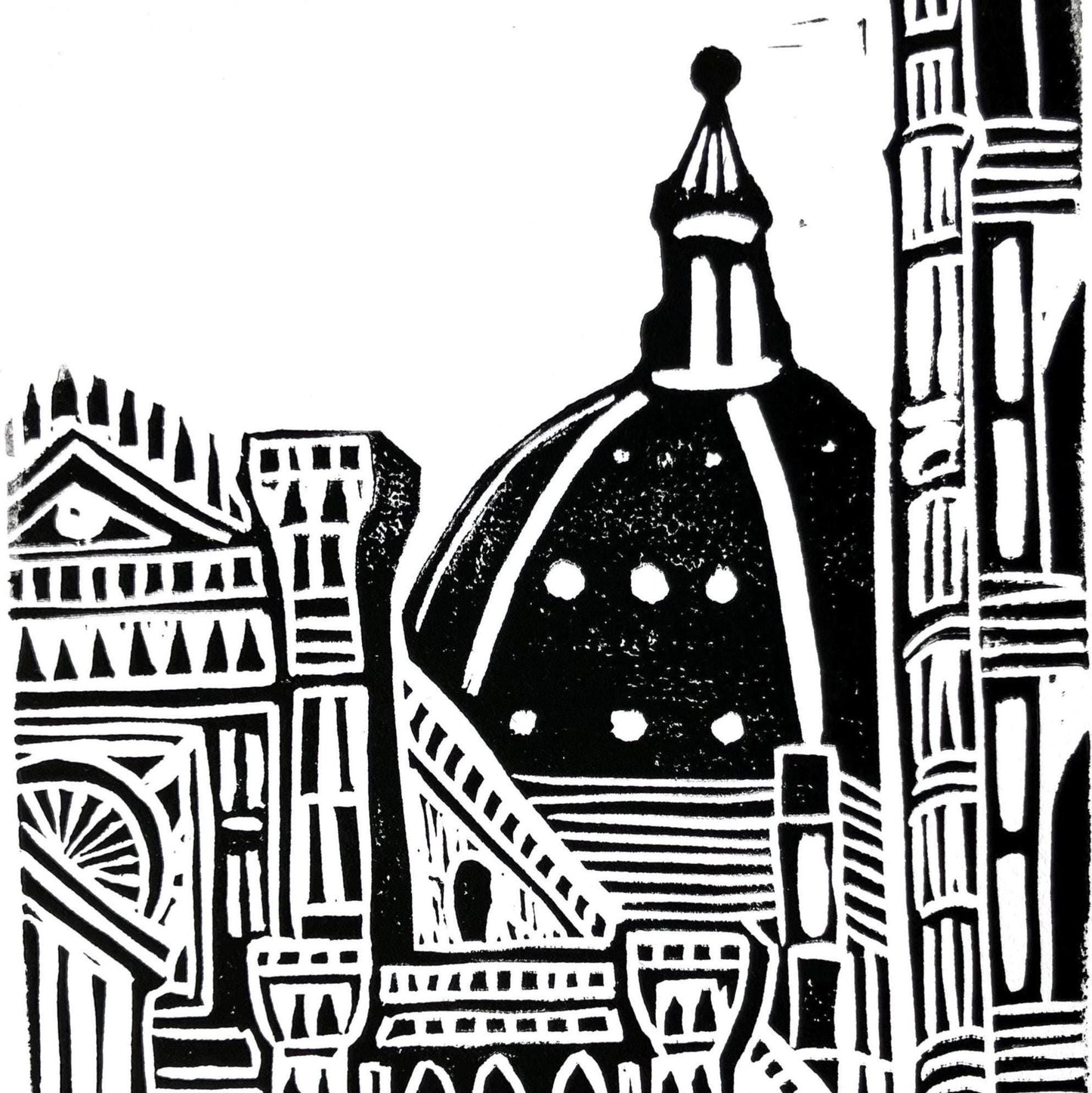Black and white linocut print of Florence Italy Duomo