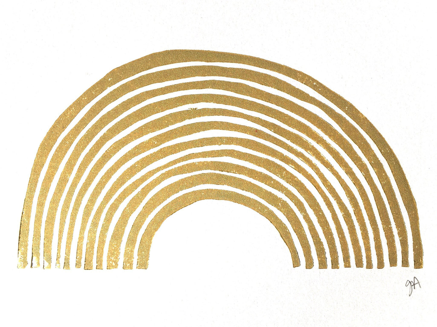 Gold rainbow design on a white background