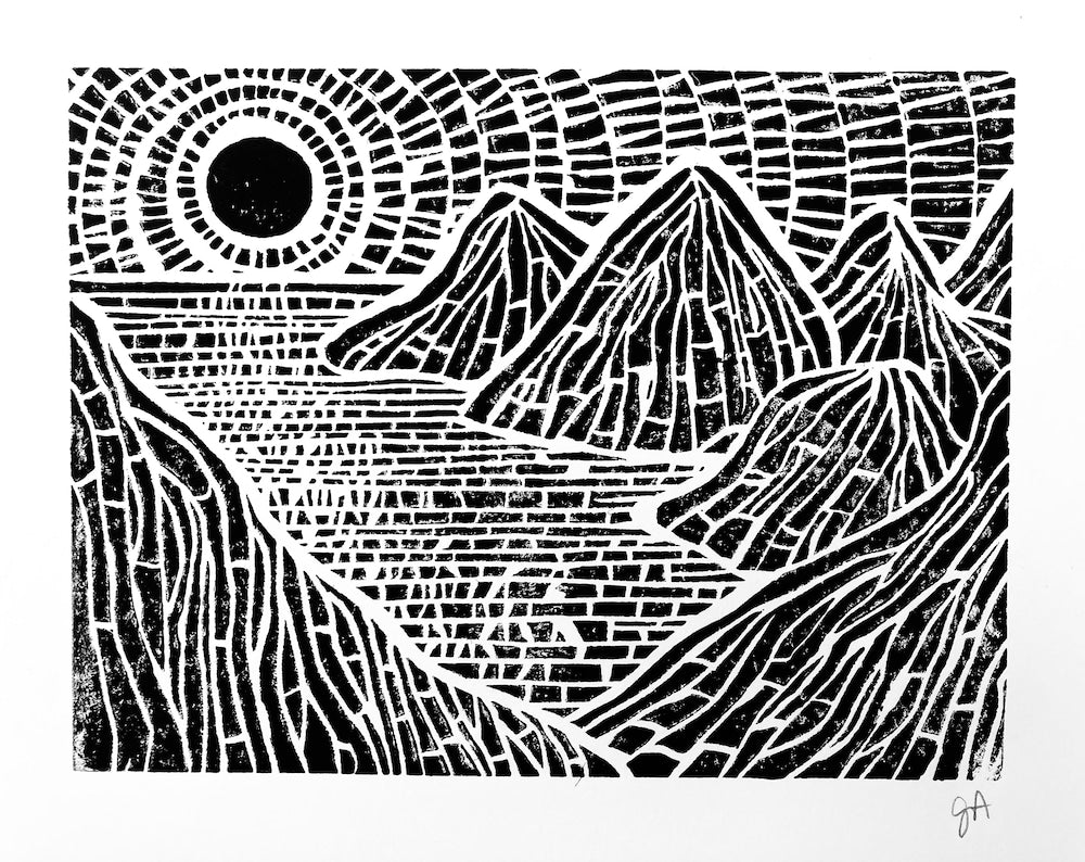 Islands landscape Linocut print in black