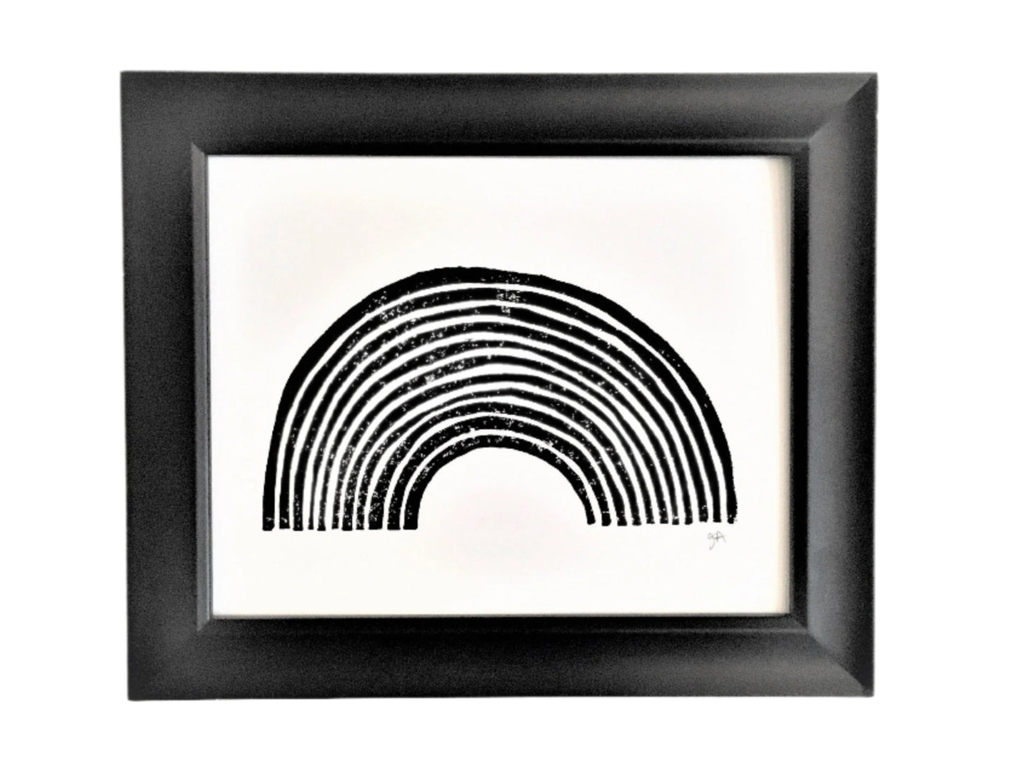 Framed black and white linocut print