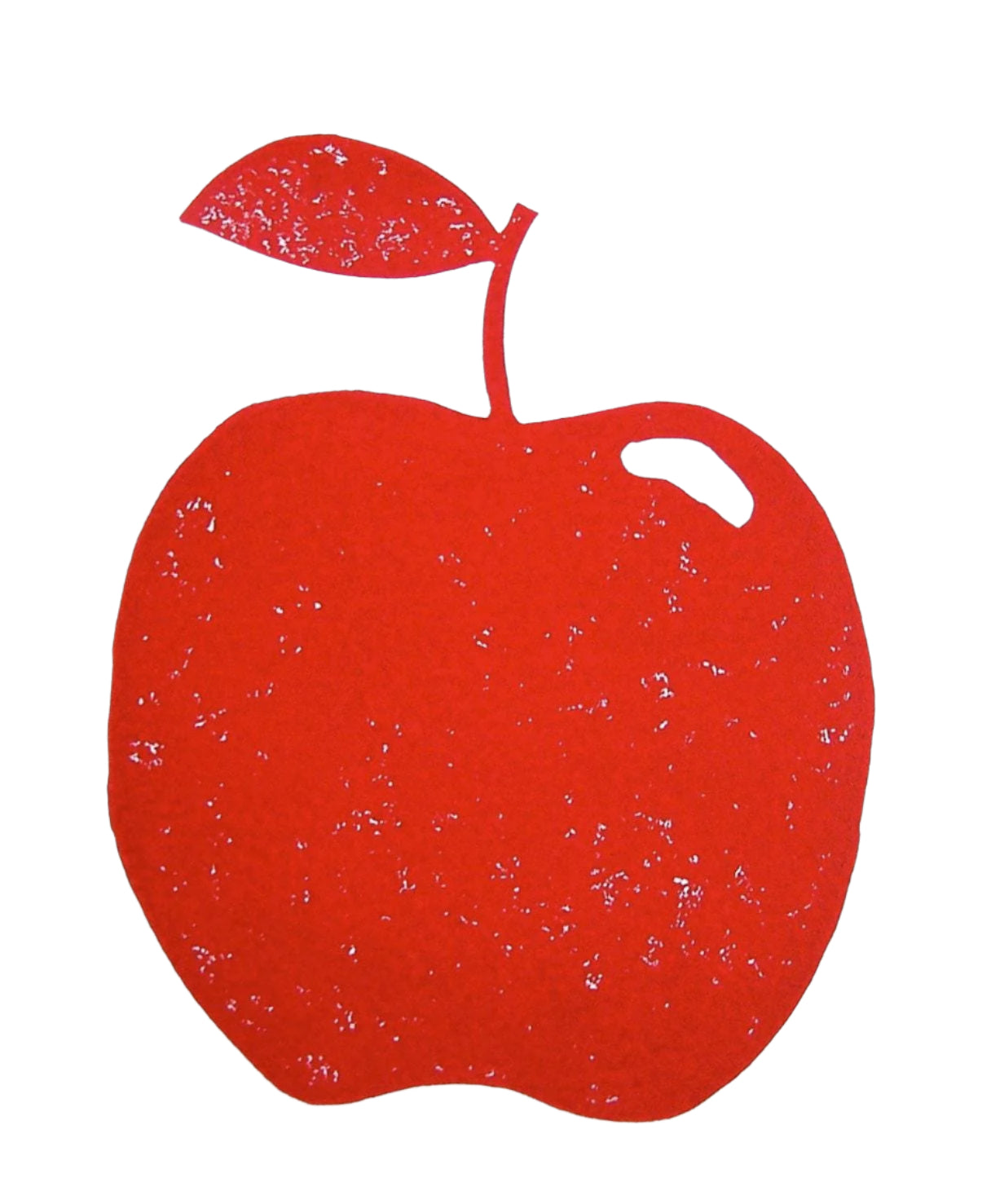 Red apple-shaped cutting board with a leaf on a white background