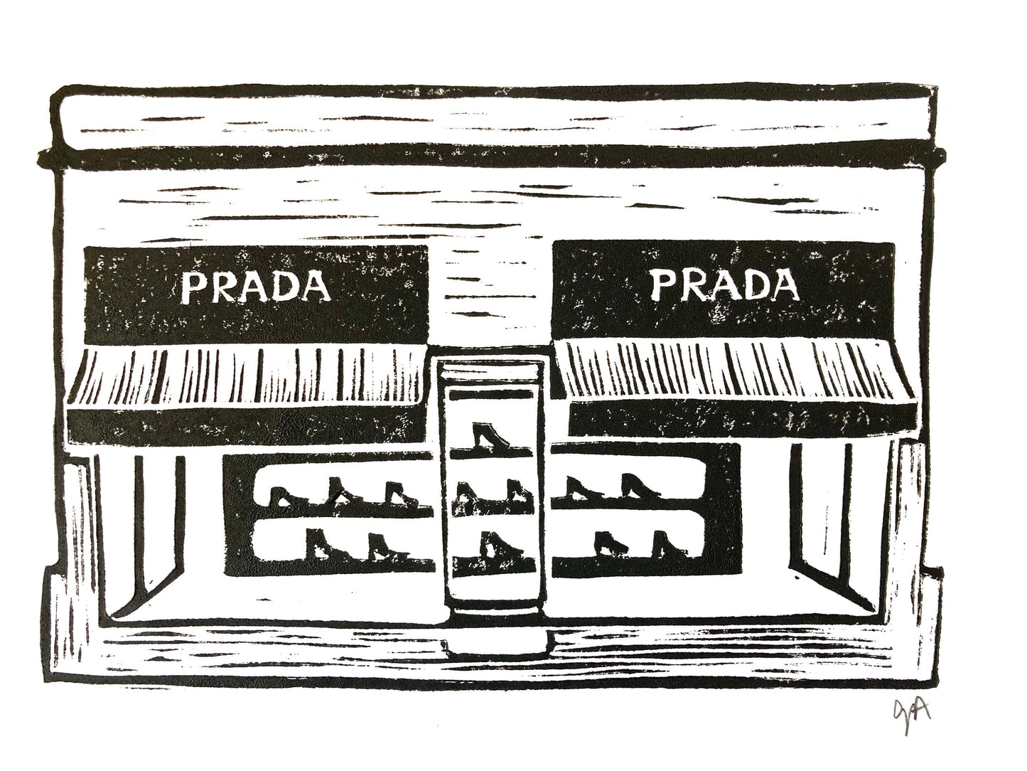 Black and white illustration of a Prada store front in Marfa TEXAS