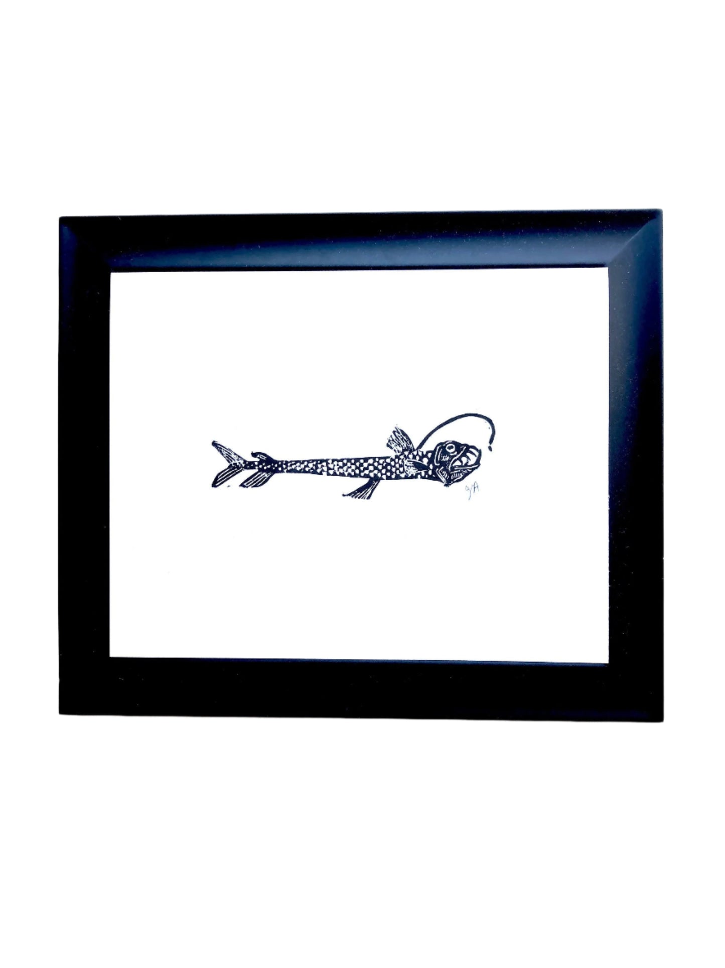 Framed artwork of a stylized viperfish on a white background