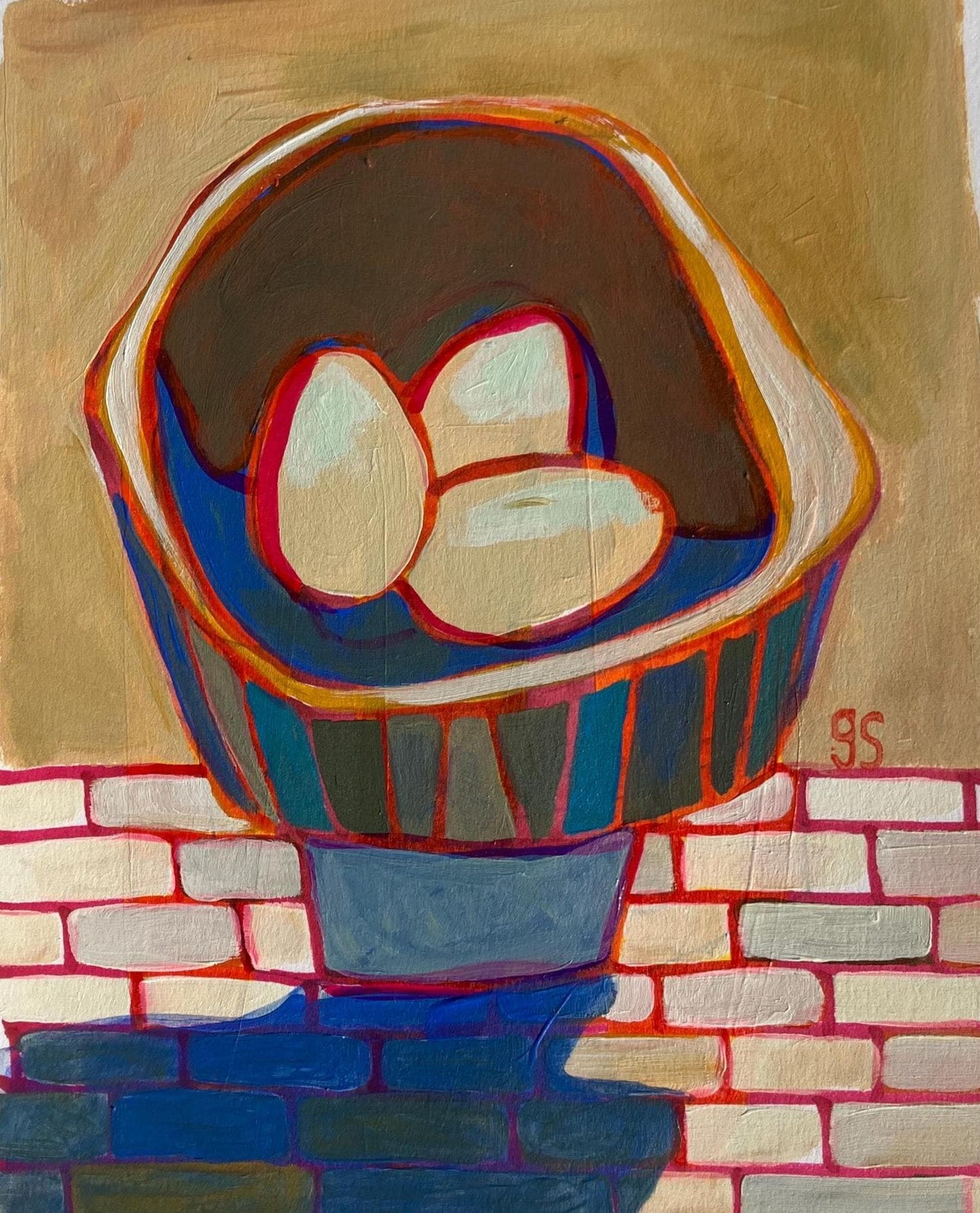 Mid-century bowl of three eggs - Original Acrylic painting (8x10in)