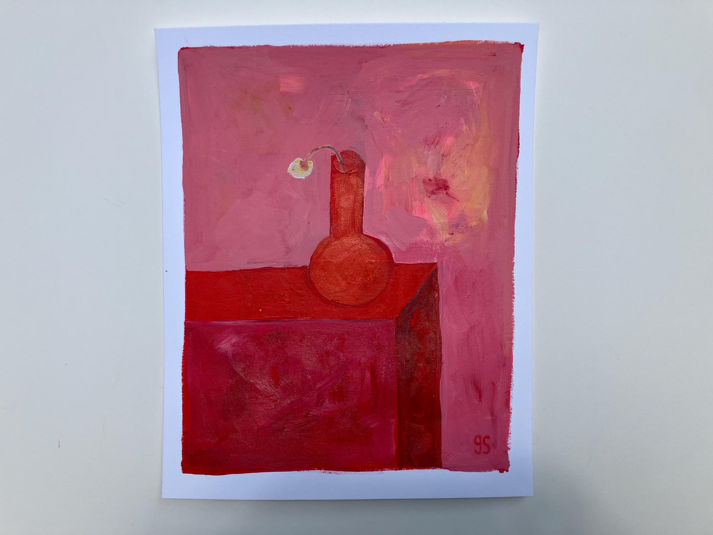 Pink and red still life of a sad little flower - Original acrylic abstract painting (8x10in)
