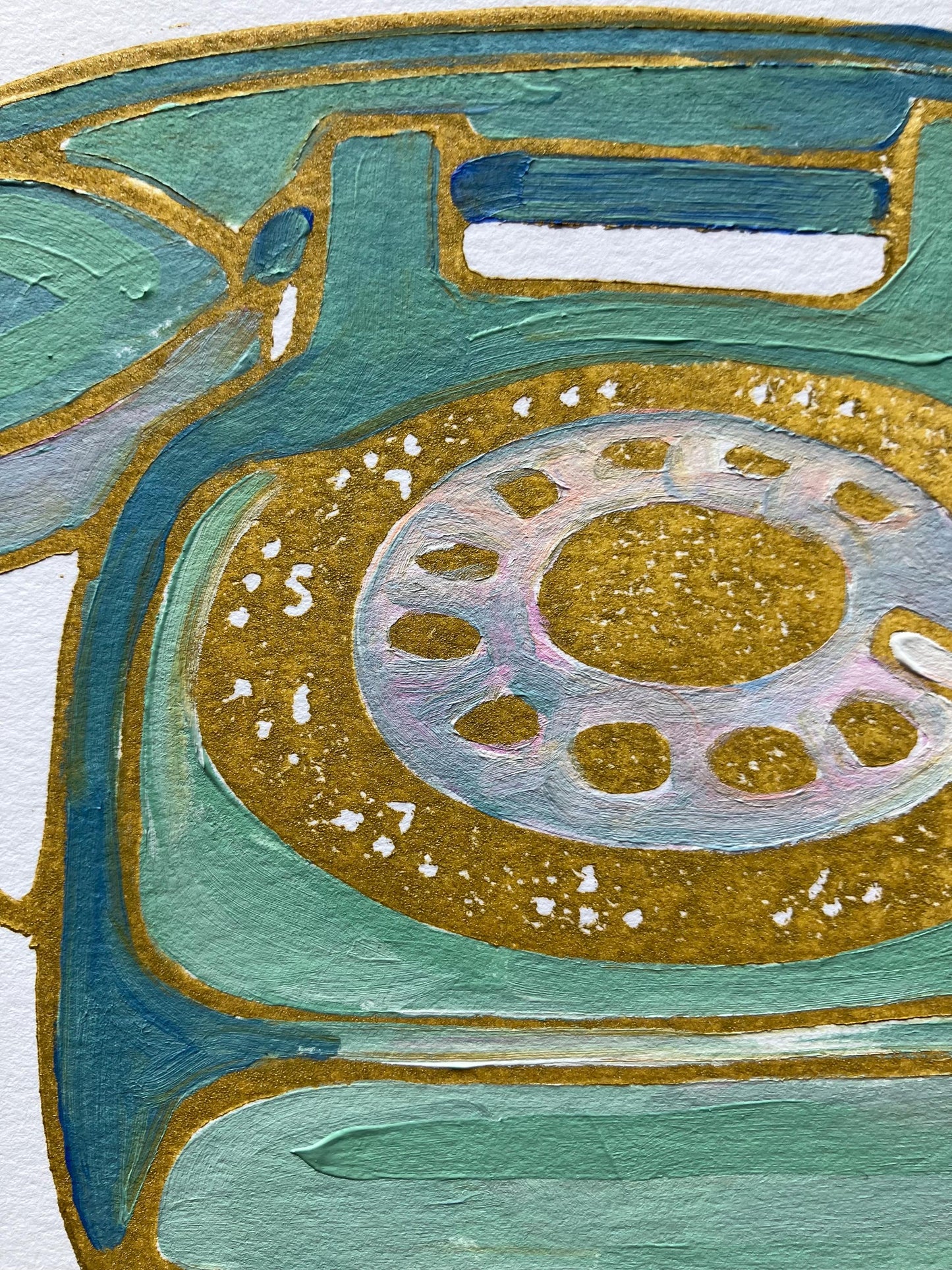 Vintage rotary telephone - Original acrylic linocut painting - (8x10in)