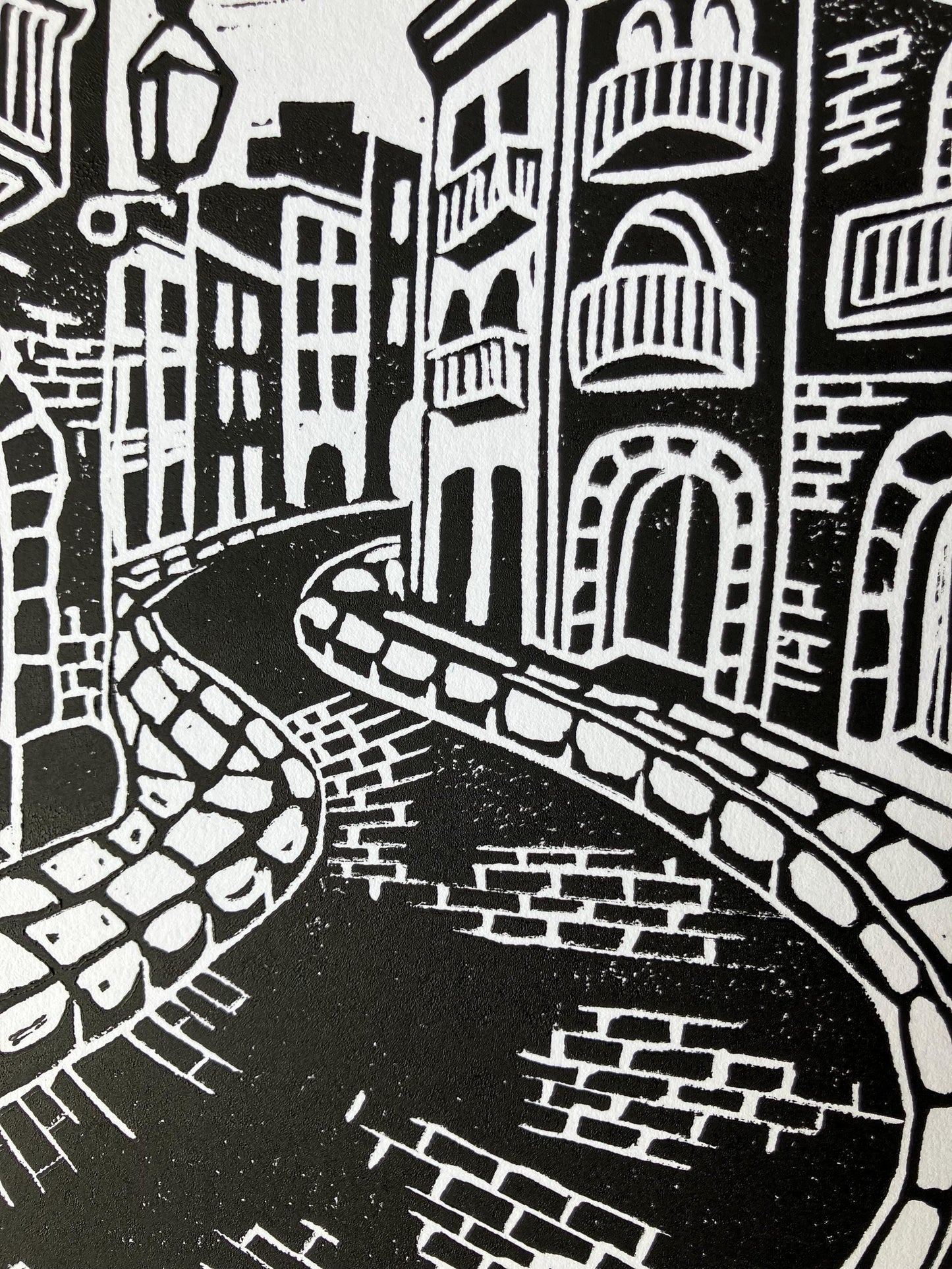 European cobblestone streets - Linocut print (8x10in)