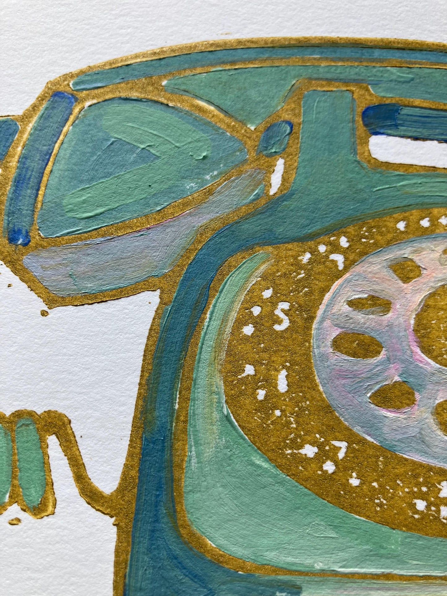 Vintage rotary telephone - Original acrylic linocut painting - (8x10in)