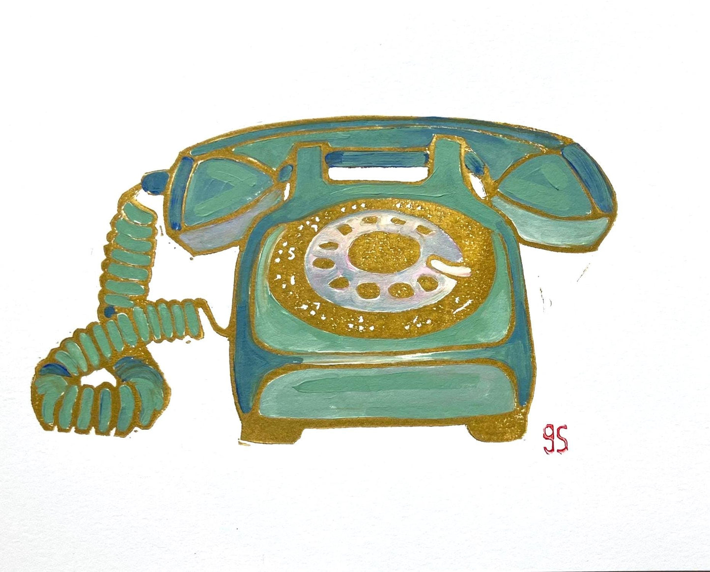 Vintage rotary telephone - Original acrylic linocut painting - (8x10in)