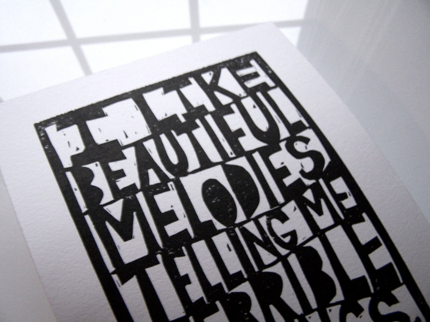 LINOCUT - I like beautiful melodies - Hand-pressed linoleum block print (8x10in)